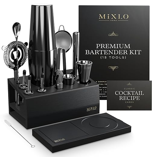 Mixology Bartender Kit - 15Pcs Bar Set Cocktail Shaker Set w Black Bar Cart Accessories Stand - Shakers Bartending Gun Metal Black Tools, 24oz Shaker, 17 Recipe Cards, Martini Barware