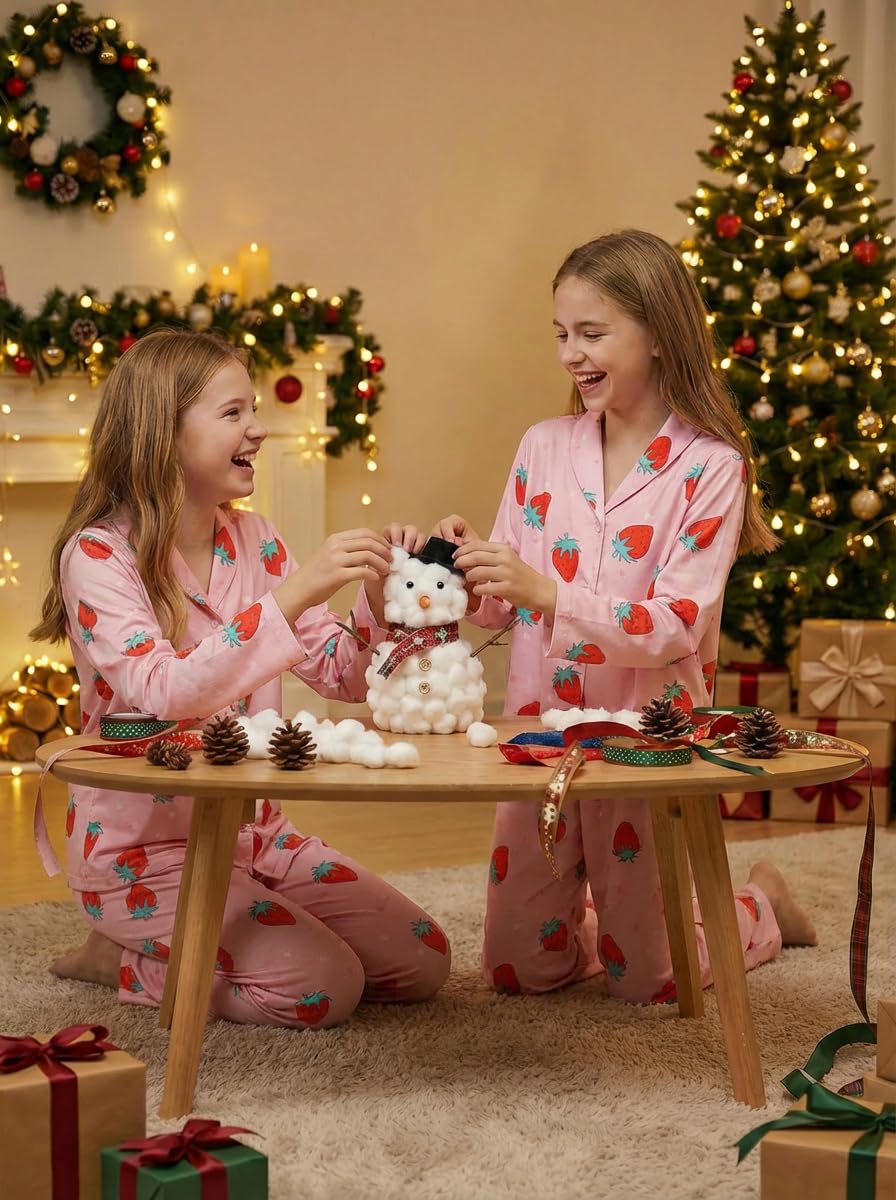 Schlafanzug Mädchen Kinder,Niedliche Pyjamas Sets,Satin Pyjama für Mädchen 5-14 Jahre