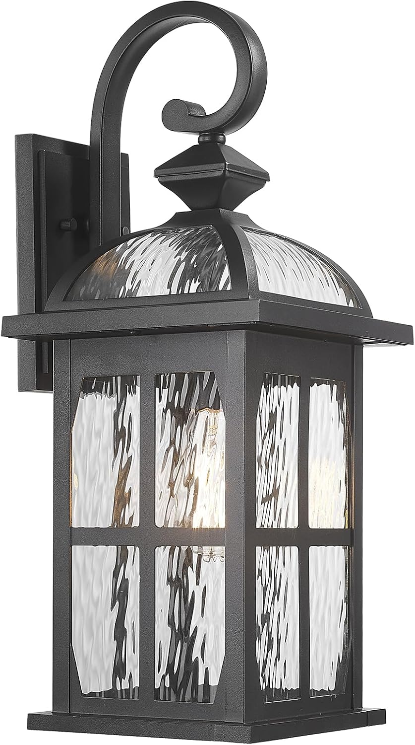 Darkaway Large Outdoor Wall Light, 22inch Exterior Light Fixture with Water Ripple Glass, Aluminum Outside Lights Sconces Exterior Lighting for House Porch Patio Doorway Garage Black-Water Ripple Glass Large