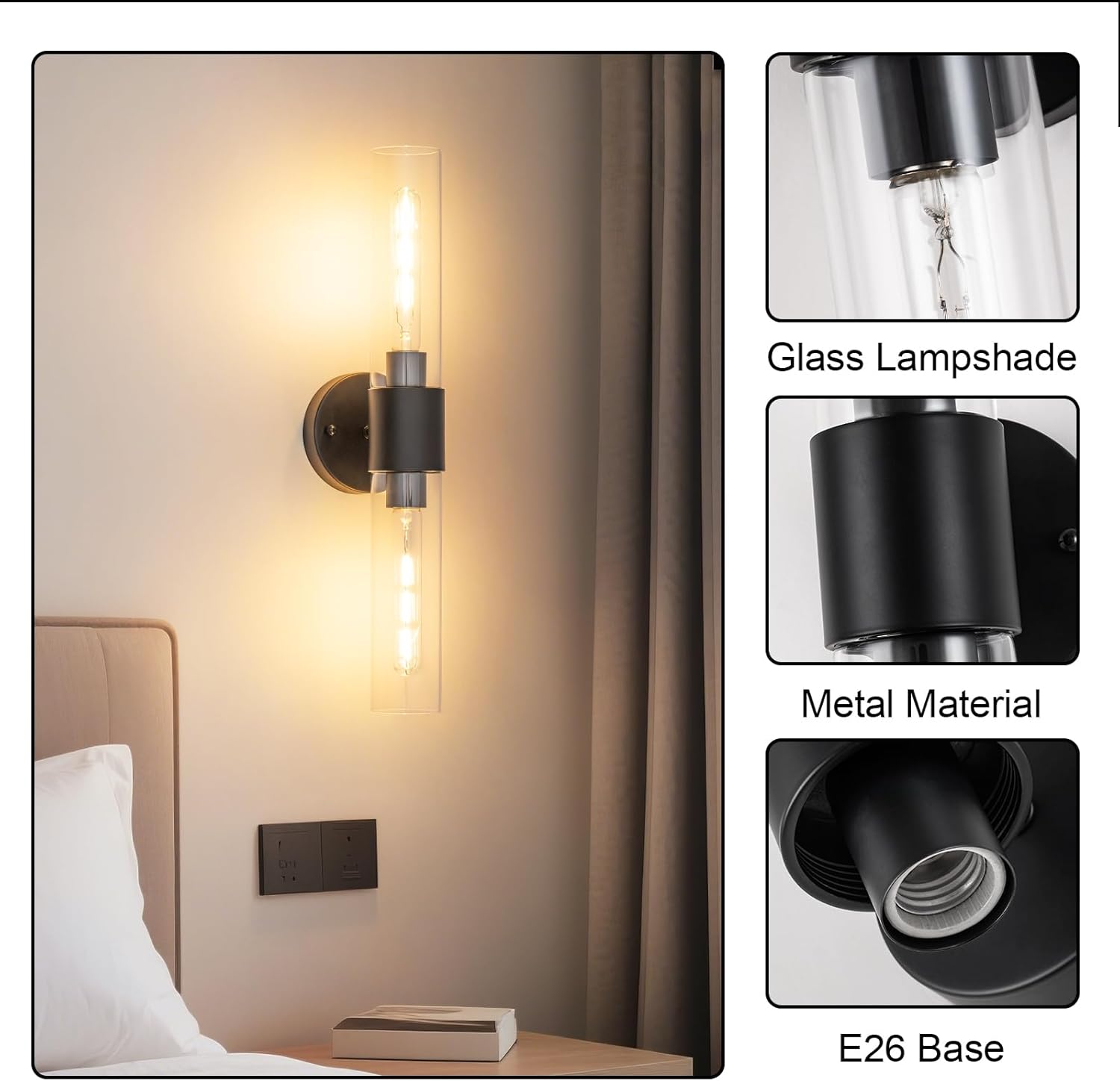 Industrial Wall Sconces Set of 2 Matte Black 22" Modern Glass Wall Lamps E26 Vanity Mirror Lamp for Bathroom Indoor Use Hallway Bedroom (Bulbs not Included)