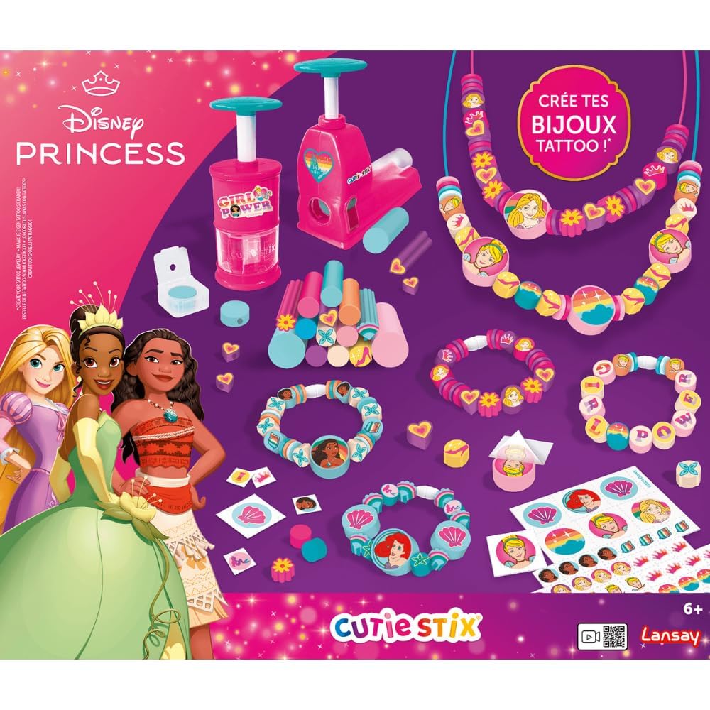 Lansay - CUTIE STIX - Set Disney Princess - Kit Création Bracelets - Crée des Perles avec des Bâtonnets Souples - Découpez et Personnalisez Vos Bijoux - Loisir créatif - Pour Enfants Dès 6 ans