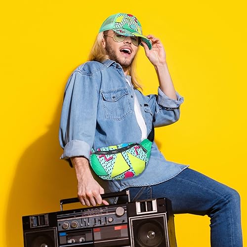 Miniatura 5 de Riñonera de 2 piezas de los años 80 y 90 para mujeres y hombres, traje de Halloween, sombrero de malla de neón, bolsa de cintura ajustable para