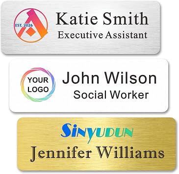 Custom Name Tags, Personalized Name Badges with Logo & Text, Aluminum Name Tags with Magnetic, Pin, or Adhesive Backing for Business Work, Clothing, Metal Front & Plastic Back, 3 Colors 1" x 3"