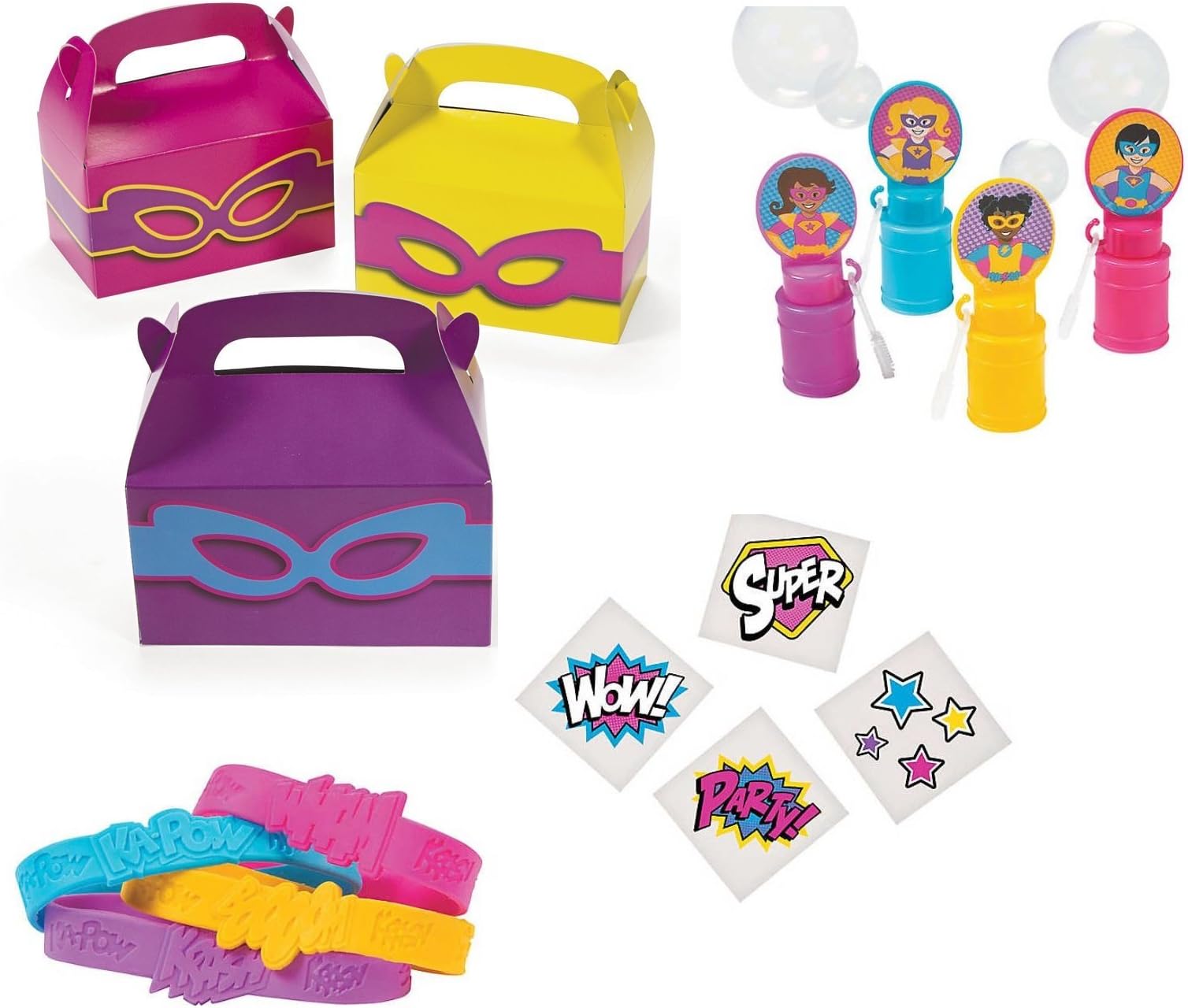 Superhero Girl Party Favors Boxes Wristbands Bubbles and Tattoos - (72 Pieces)