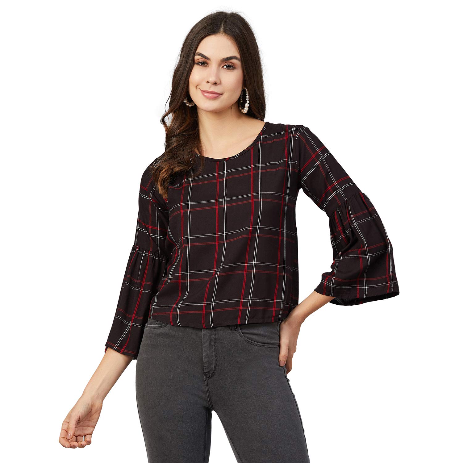Chimpaaanzee Women Checks Bell Sleeve Top