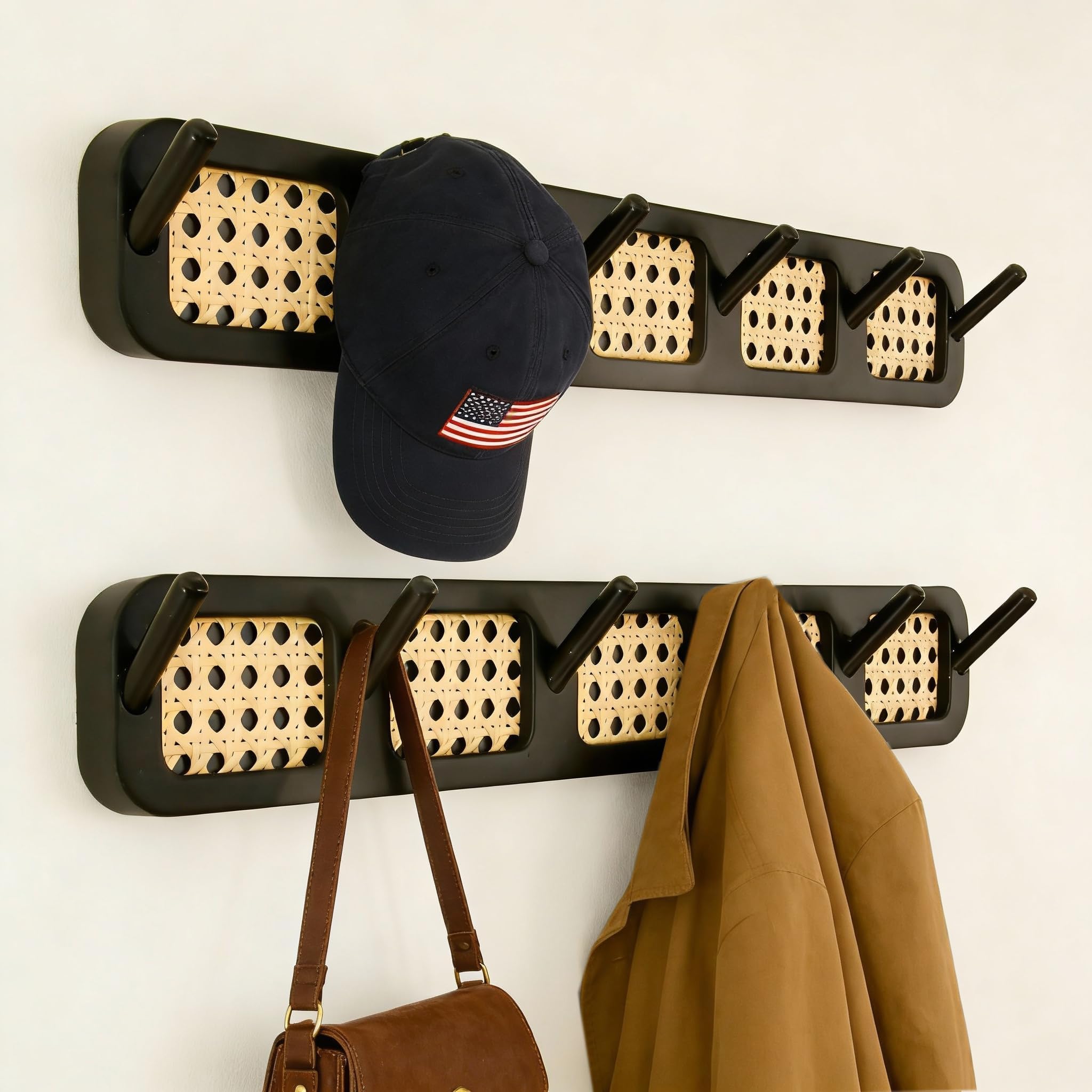Coat Rack Wall Mount, Rattan Coat Hooks Hanger Wall Mounted, 6 Heavy Duty Bamboo Hooks Rack Rail for Hanging Clothes Hats Bags Robes Towels Plants, White (Black（2Pc）)