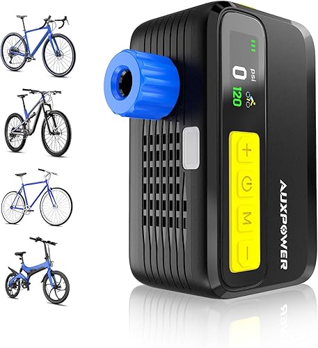 Auxpower BL05 Bomba de bicicleta con medidor de presión, bomba eléctrica portátil de 120 PSI con válvula Presta y Schrader, parada automática, bomba