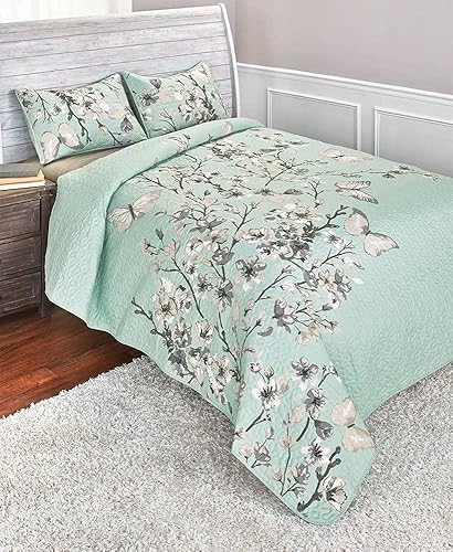 Miniatura 3 de The Lakeside Collection Juego de edredón bordado de flor de cerezo con fundas de almohada, tamaño matrimonialqueen, 3 piezas