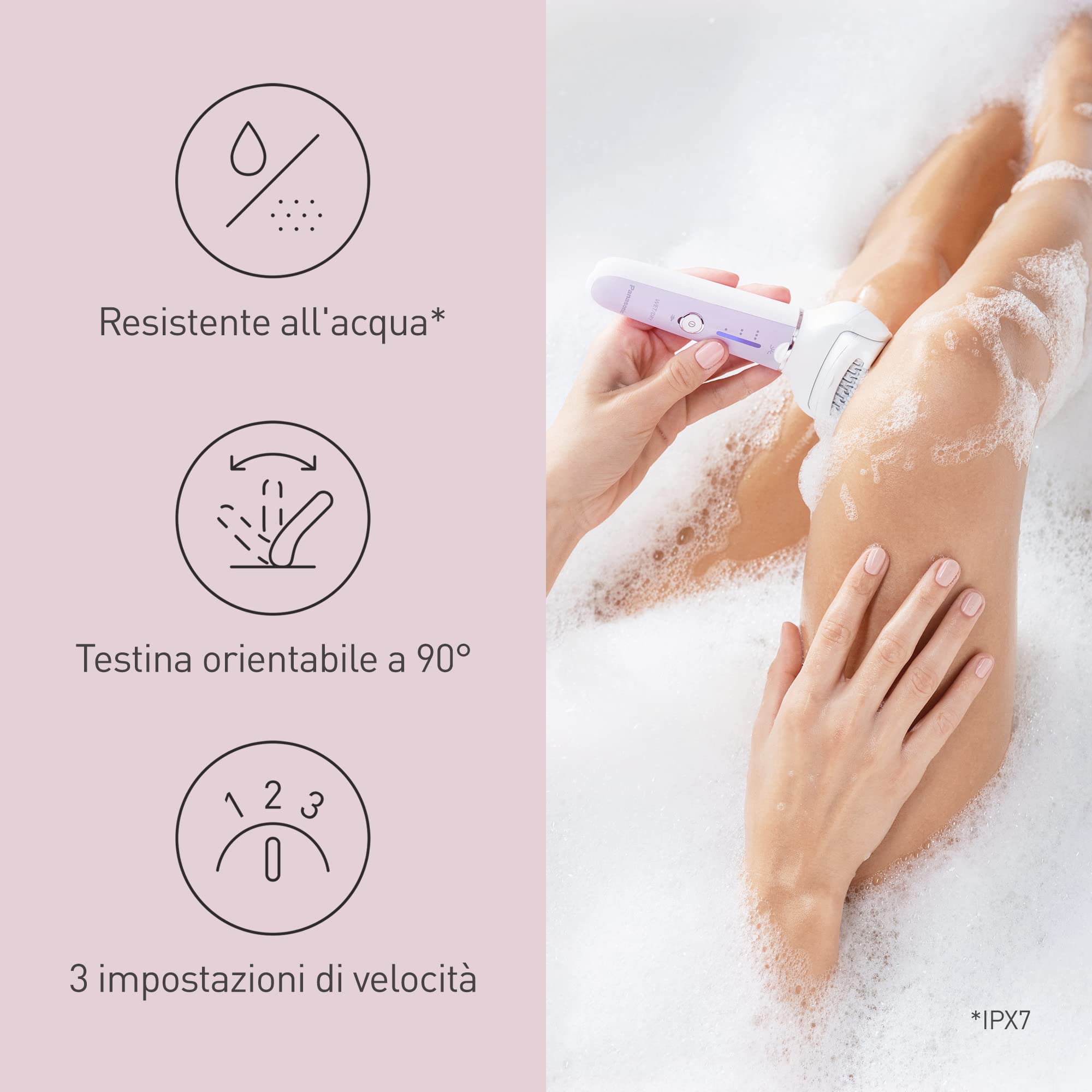 Panasonic ES-EY30-V503 Epilatore Bagnato e Asciutto, Doppio Disco con 60 Pinzette, Testina Flessibile Pivotante a 90°, 3 Impostazioni di Velocità e Luce LED, 30 Minuti di Funzionamento, Cordless