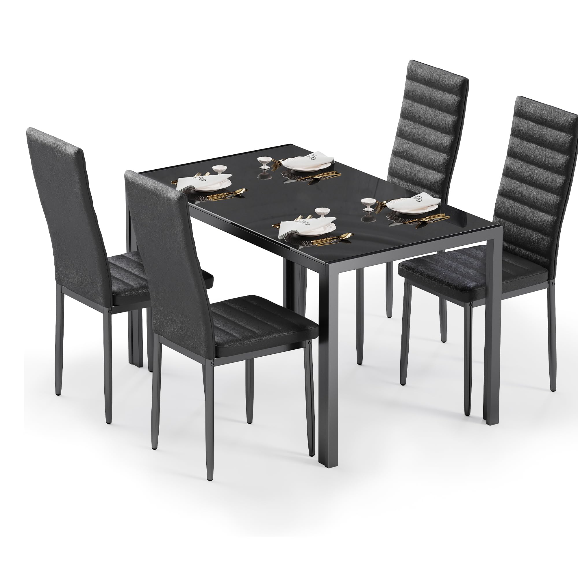 Bealife Table à Manger avec 4 Chaises, Table Rectangulaire en Verre Trempé et Chaises en Similicuir Noir