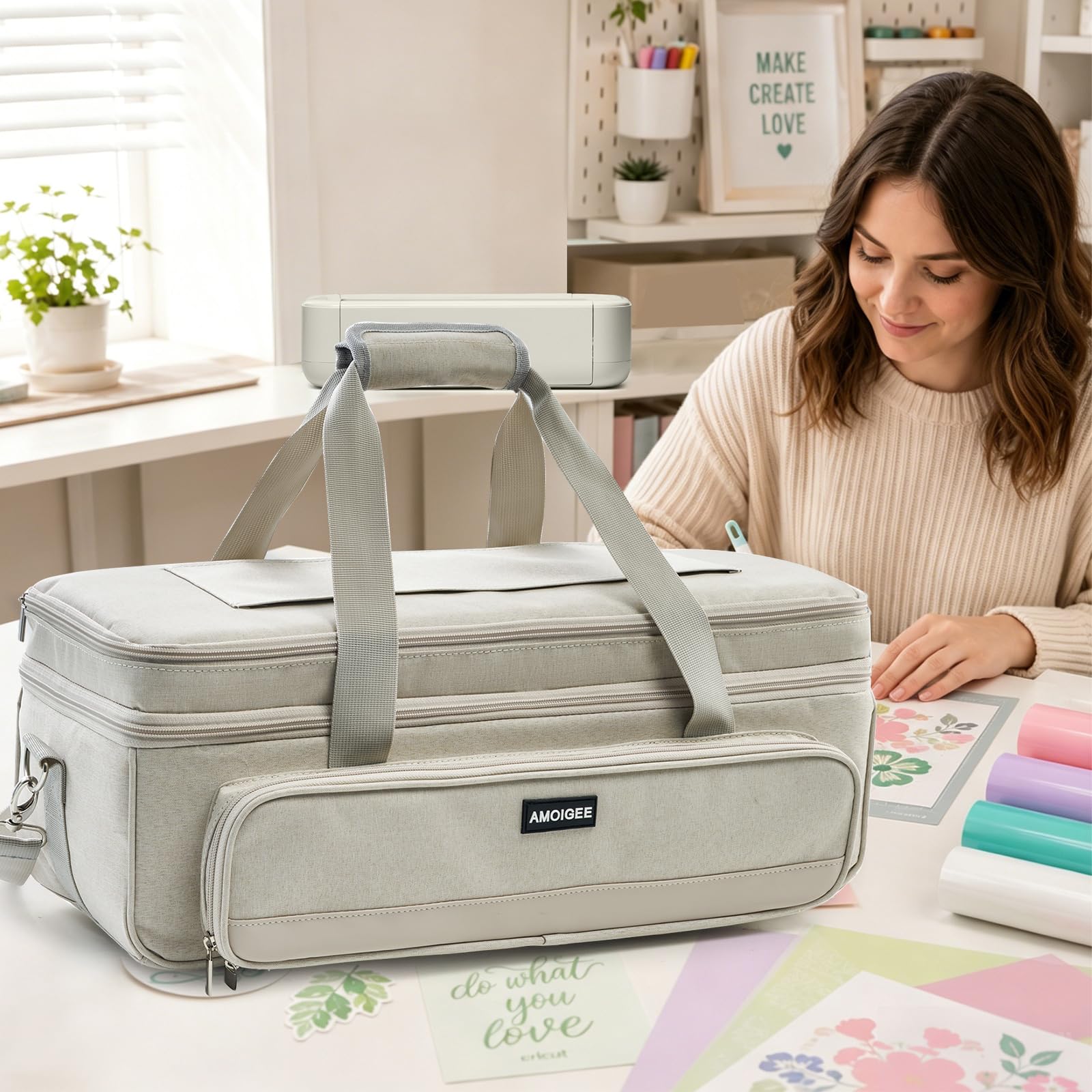 AMOIGEE Doppellagige Tragetasche für Cricut Explore 5, Zubehör und Lieferanten, Aufbewahrungstasche mit Vinyl-Rollen-Organizer, Schneidematten-Tasche, sichere Maschinengurte und reisefreundliches