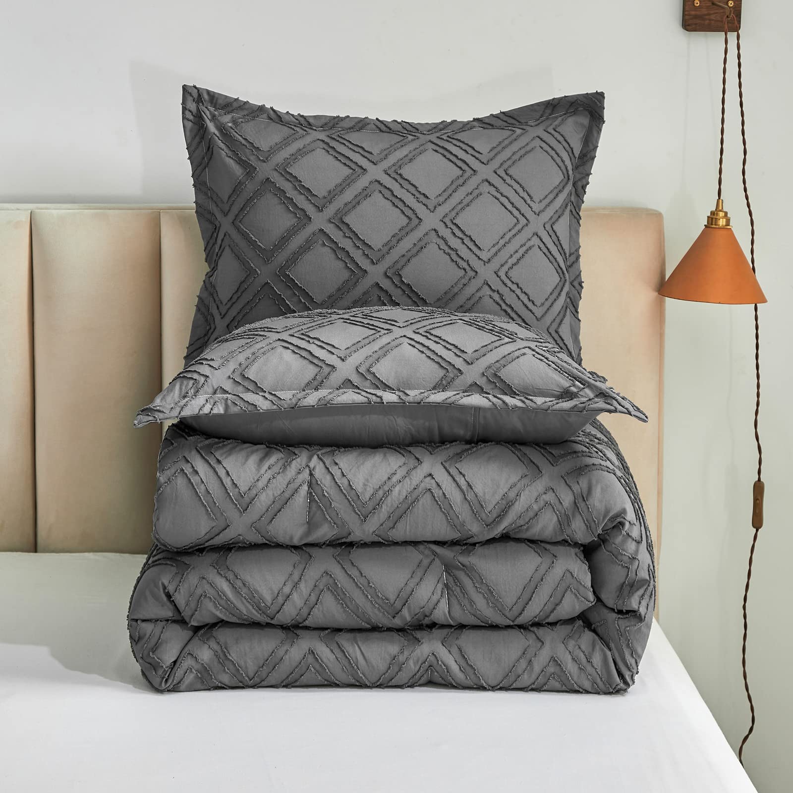 Juego De Edredón De 7 Piezas De Cama En Una Bolsa Con Sábanas Gris Claro, Suave Y Bordado, Estilo Shabby Chic Boho Bohemian, Color Sólido Con Patrón De Diamante, Juego De