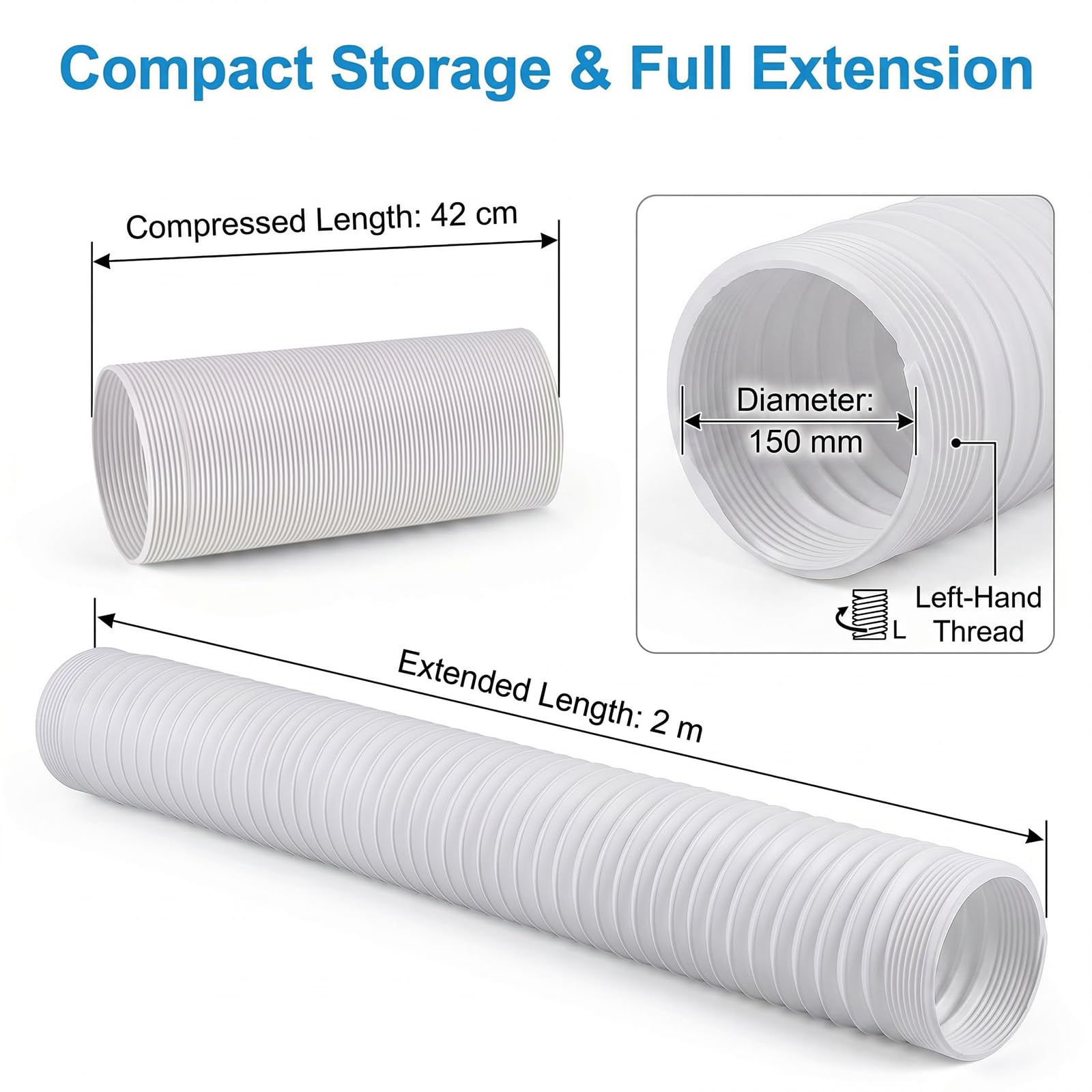 Abluftschlauch Klimagerät 130 mm – PVC Flexschlauch ausziehbar 0,42–2 m für mobile Klimaanlagen, Wäschetrockner & Lüftung – Weiß