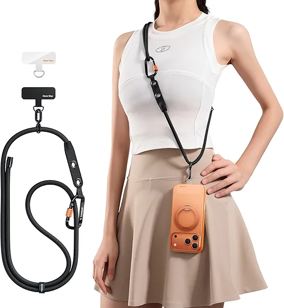 TORRAS Phone Lanyard with Hanging Loops, Adjustable Anti Theft Phone Strap Crossbody, Skin-Friendly,2 Tabs, Universal Cell Phone Neck Lanyard for Daily & Outdoor Activities, Black