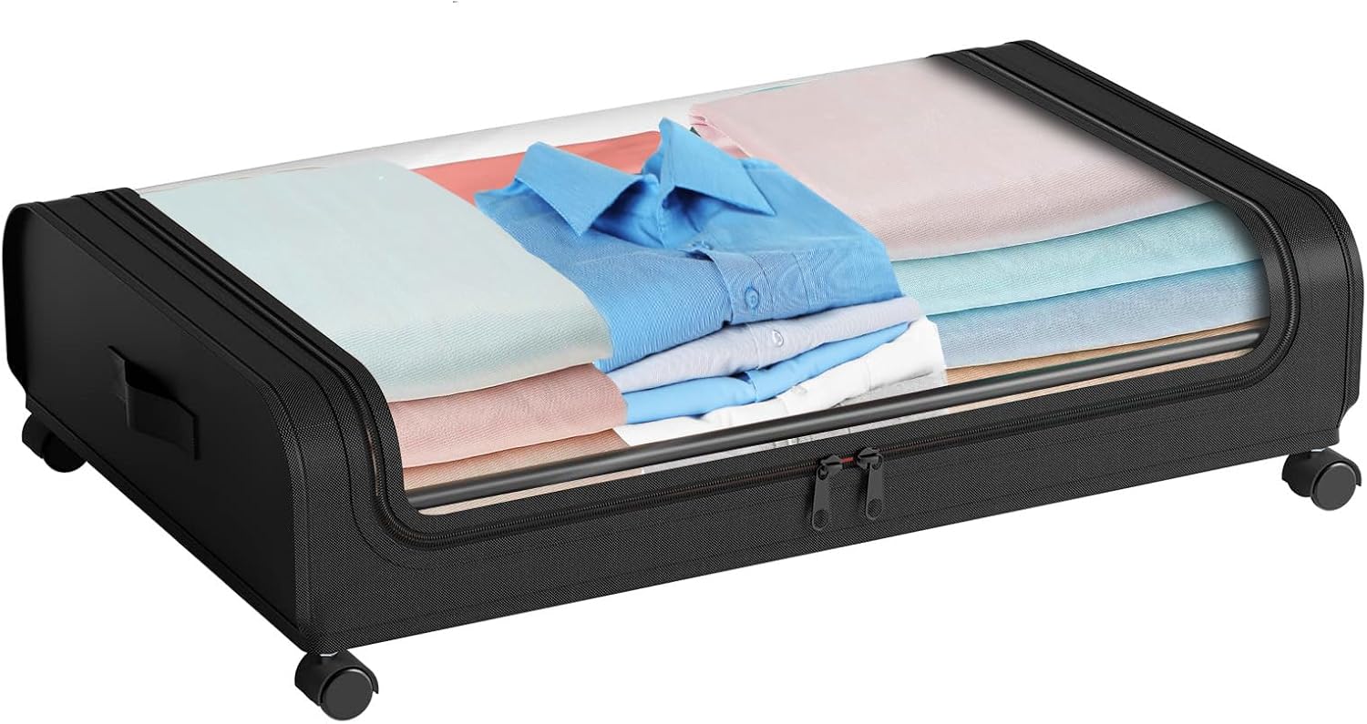 Under Bed Storage with Wheels, 46L Under Bed Storage Containers with Clear Lids, Rolling Under the Bed Storage Organizer Bins for Toys Clothes Book Blanket, Black, 2 Pack