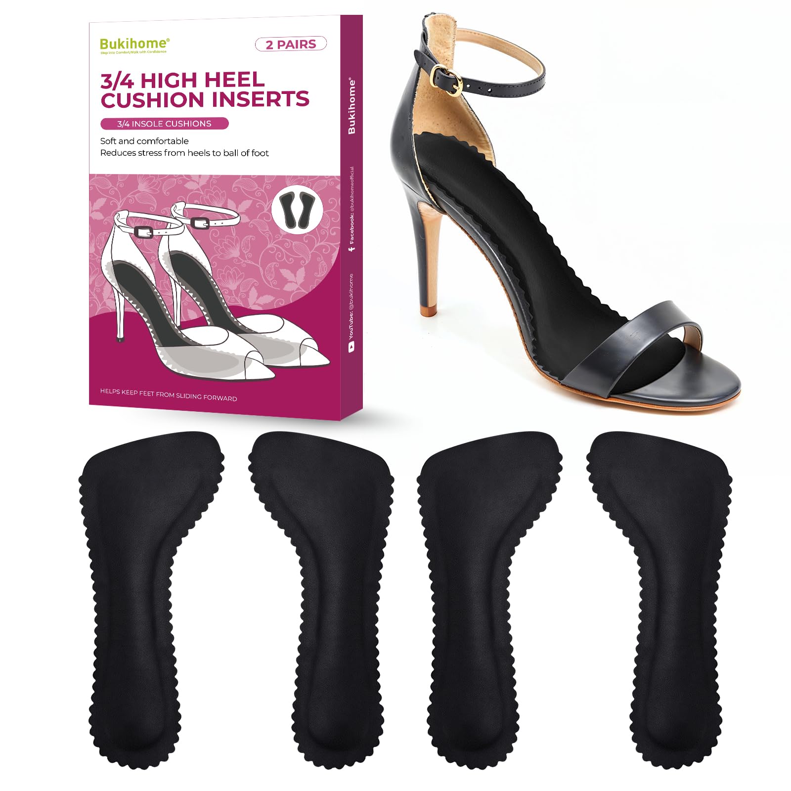 Bukihome 3/4 Unsichtbare Einlegesohlen für Damen, 4 Stück – Verhindert Vorrutschen der Füße – Stoßdämpfend & Schweißabsorbierend – Für High Heels, Sandalen, Ballerinas
