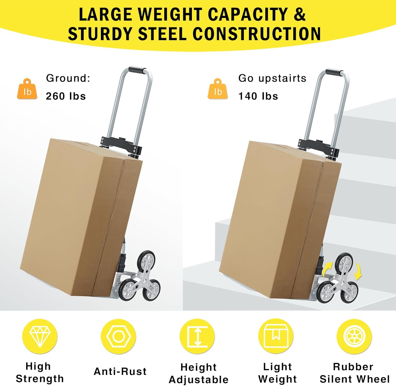 260 LBS Stair Climbing Cart, Aluminum Trolley Dolly for Stairs, Folding Hand Truck Dolly, Grocery Shopping Cart with Mute Wheels, Telescoping Handle and Rubber Wheels for Moving, Shopping