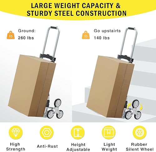 Miniatura 4 de Carrito Subescaleras de 260 LBS, Carrito Trolley de Aluminio para Escaleras, Carrito de Mano Plegable, Carrito de Compras con Ruedas Silenciosas,