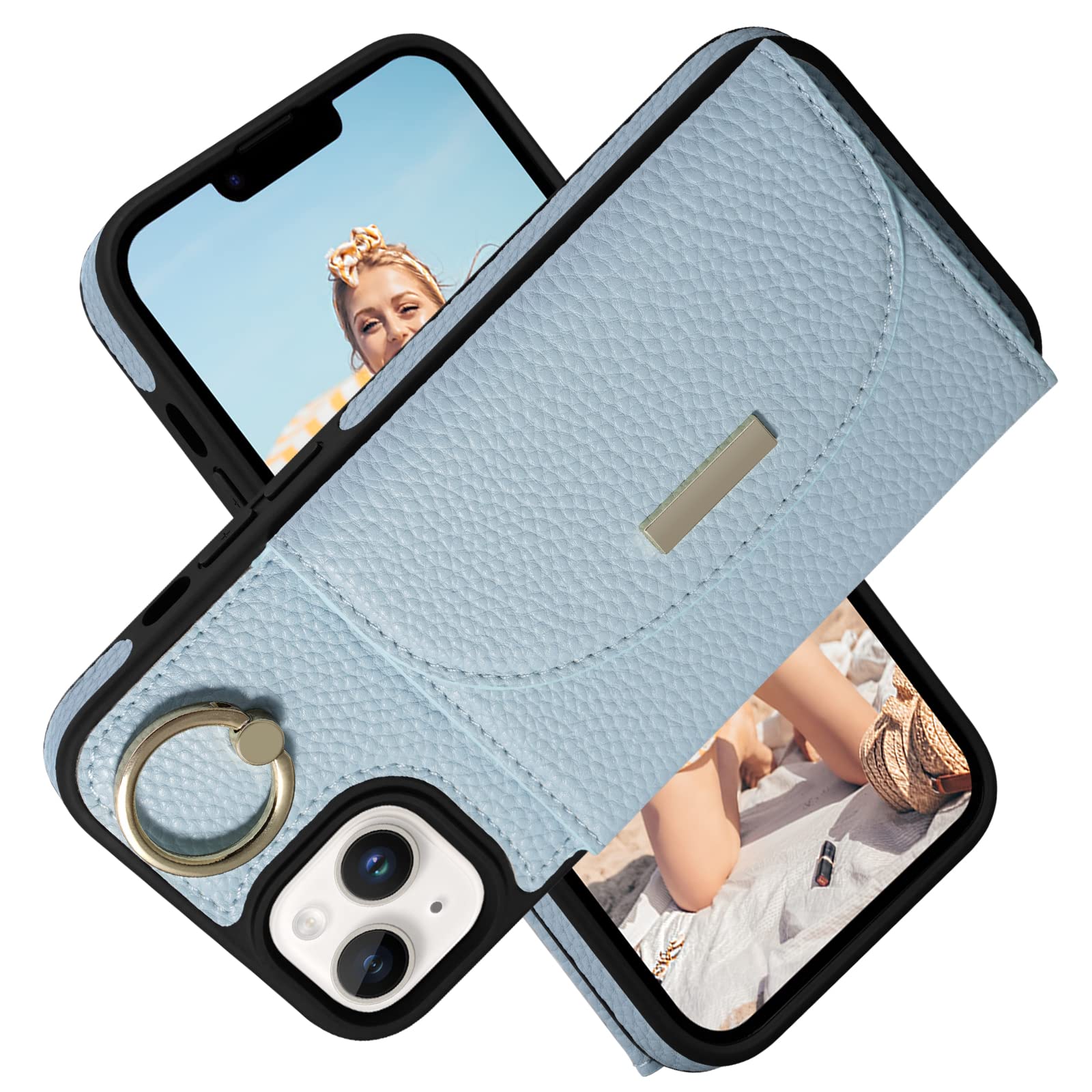 Keallce Case For IPhone 14 Pro Max 6.7'' Wallet Case, Crossbody Zipper Purse Handbag Wristlet For Women, RFID Blocking Card Holders, 360° Ring Kickstand Flip Leather Cover For IPhone 14 Pro Max, Black