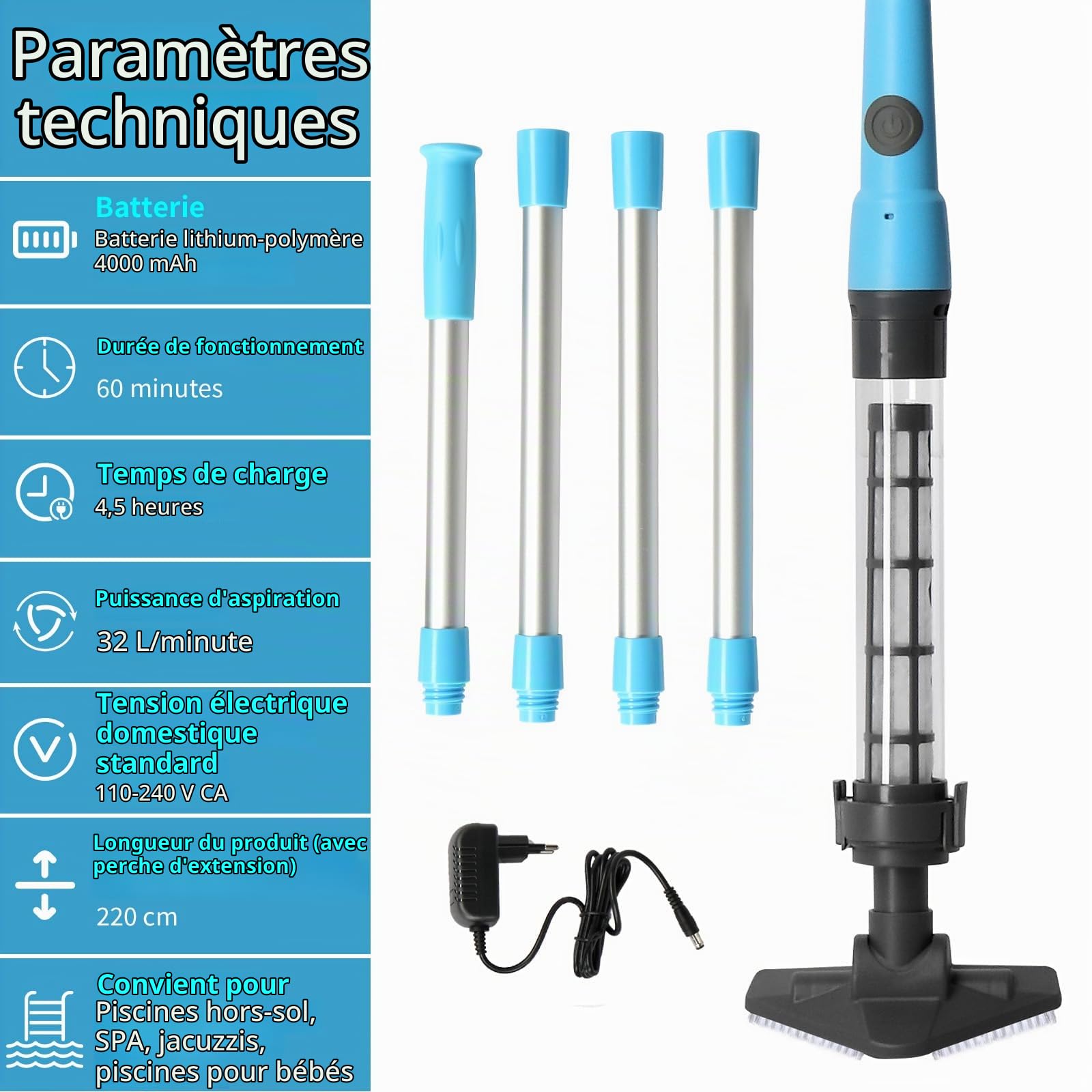 LEADZM Aspirateur Piscine Batterie sans Fil 4000mAh (Bleu)