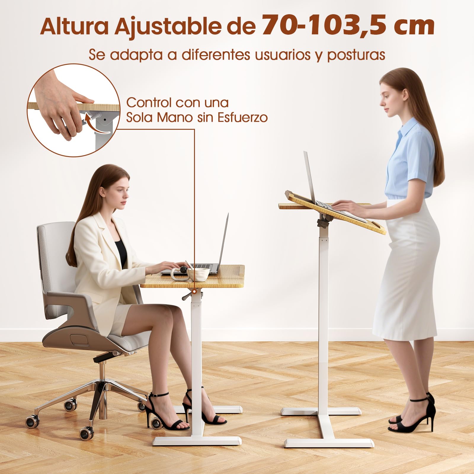 COSTWAY Mesa Auxiliar con Ruedas, Tablero Inclinable y Topes Dobles, Altura Ajustable, Mesita en Forma de C para Sofa Cama Salon Dormitorio Hospital, 68 x 49 x 70-103.5 cm, Natural