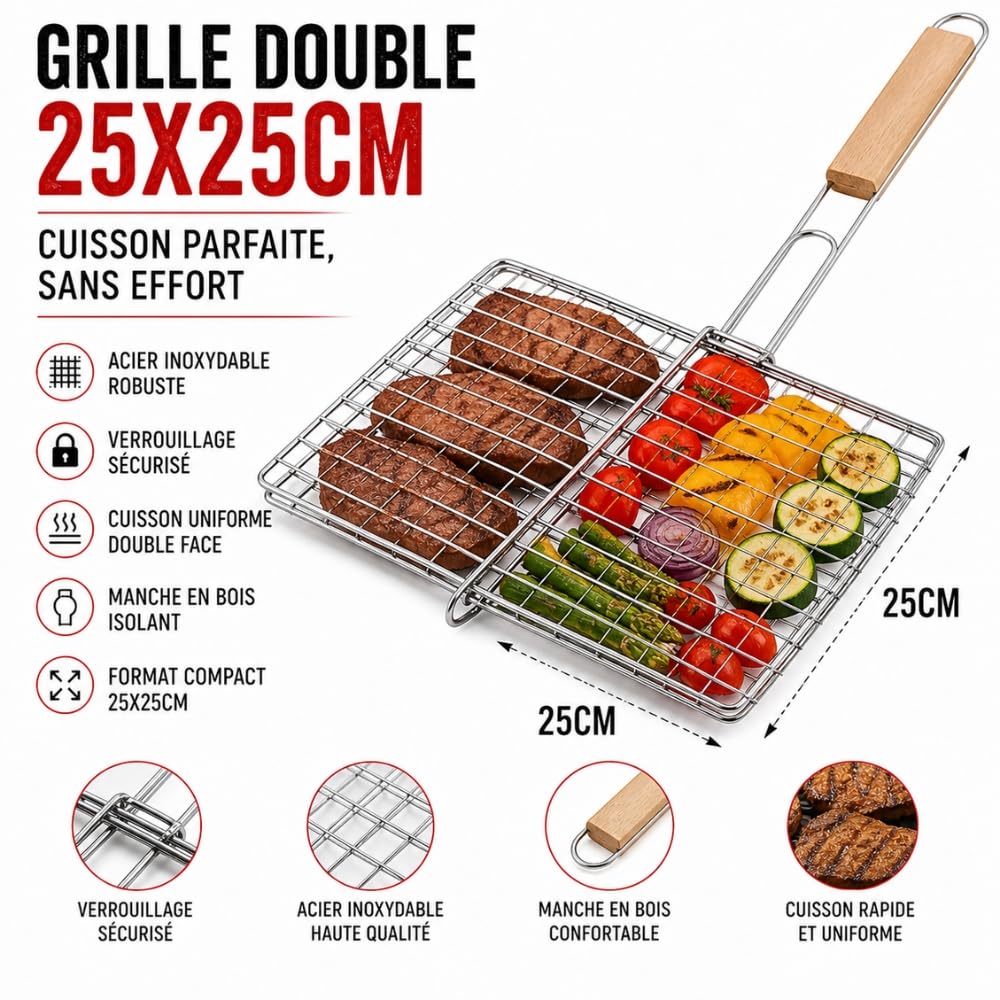 Double Grille Barbecue Carrée en Acier Chromé, 25x25 cm, Lot de 2, Manche Ergonomique, pour Viandes, Poissons et Légumes