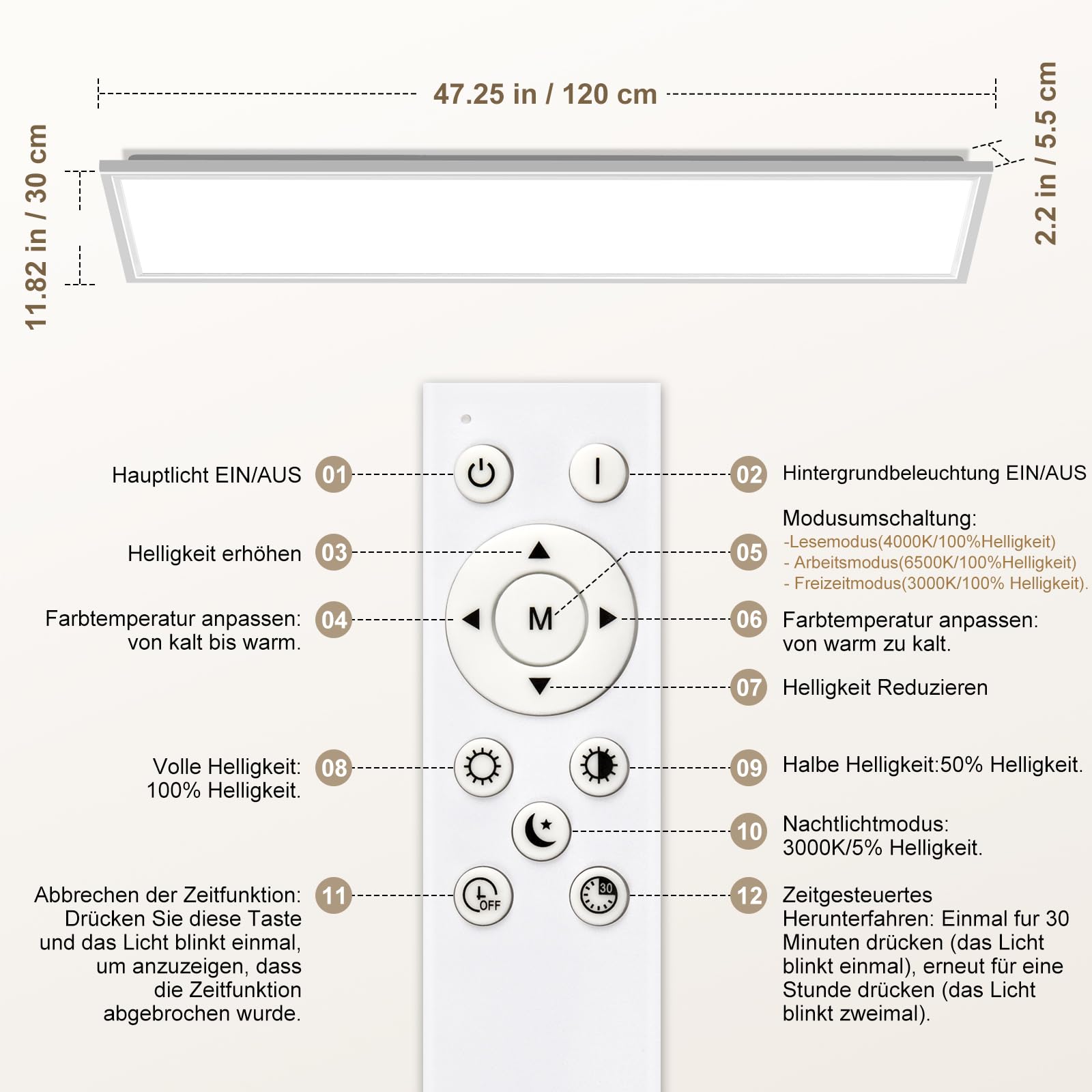 LED Deckenleuchte Dimmbar - LED Panel 120x30cm, 44W 4400LM Deckenlampe mit Fernbedienung 3000K-6500K - Nachtlicht Warm - Deckenleuchte Flach für Schlafzimmer Kinderzimmer Wohnzimme Küchenlampe