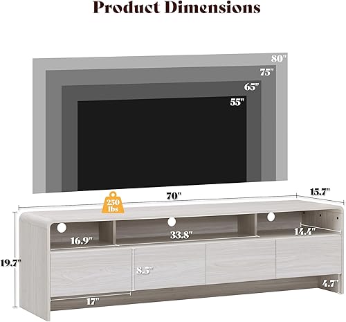 Miniatura 2 de AMERLIFE Soporte de TV moderno de 70 pulgadas para televisores de hasta 80 pulgadas, consola de TV de madera con diseño de perfil curvado y 2