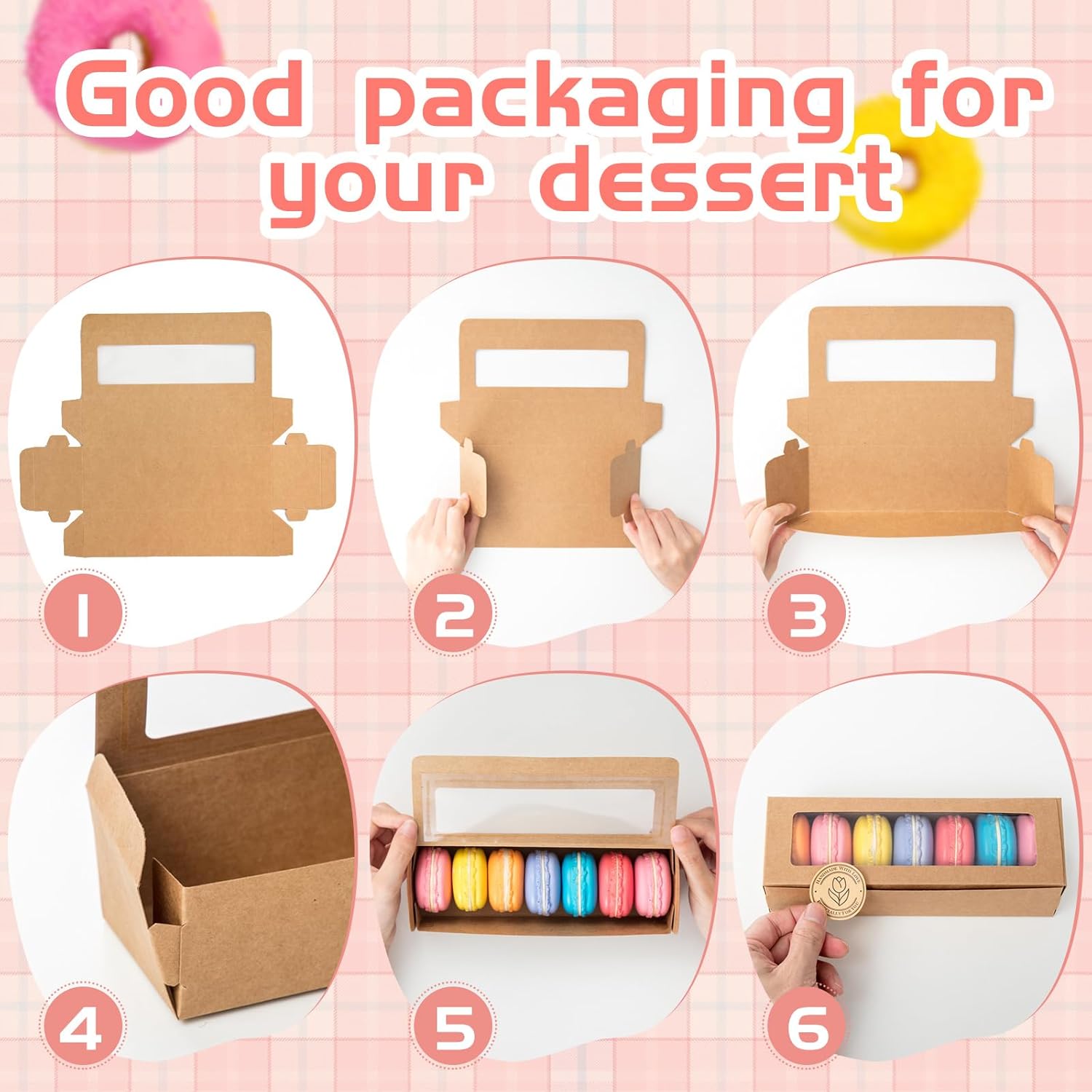 Sherr 150 Pcs Macaron Boxes with Window, Brown Bakery Boxes with Stickers, Cookie & Dessert Gifts Containers for Chocolate Covered Strawberry, Truffle, Donuts, Pastry