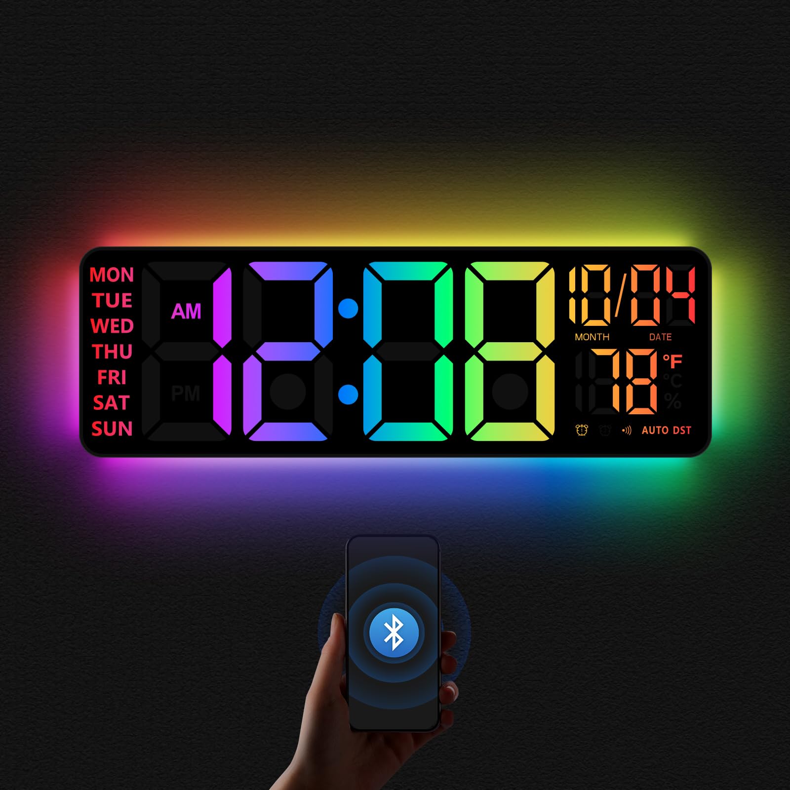 16" Digital Wall Clock with Night Light, Digital Clock with RGB Colors Changing Remote Control, Dual Alarm, Dimmer, Auto DST, Voice Control, Auto Time Sync, Clocks for Living Room, Gift for Elderly