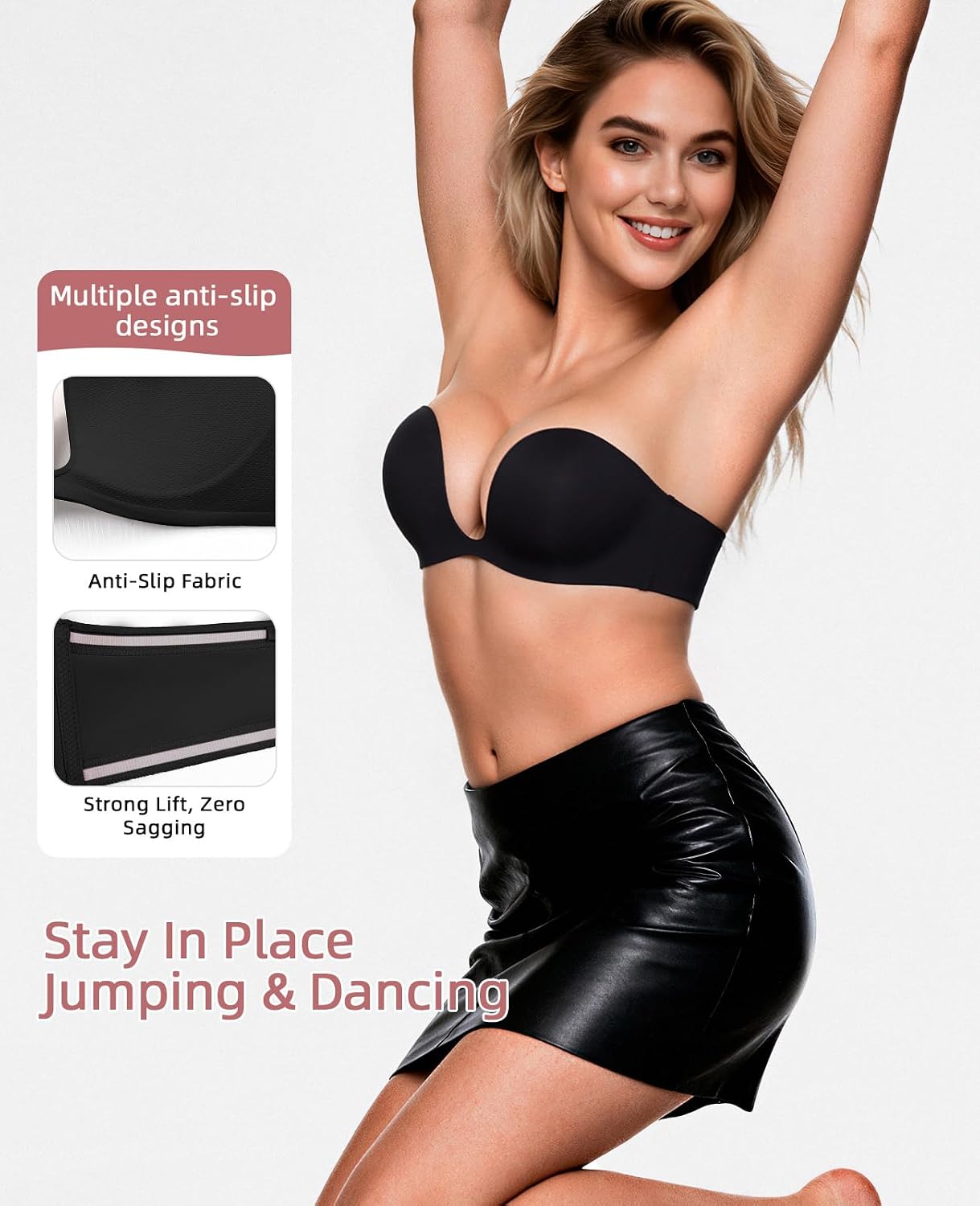  Strapless Push Up Bras for Women Padded Deep Plunge Seamless Bra | U Shape, Halter, Non Slip, Supportive, Convertible Straps thumbnail