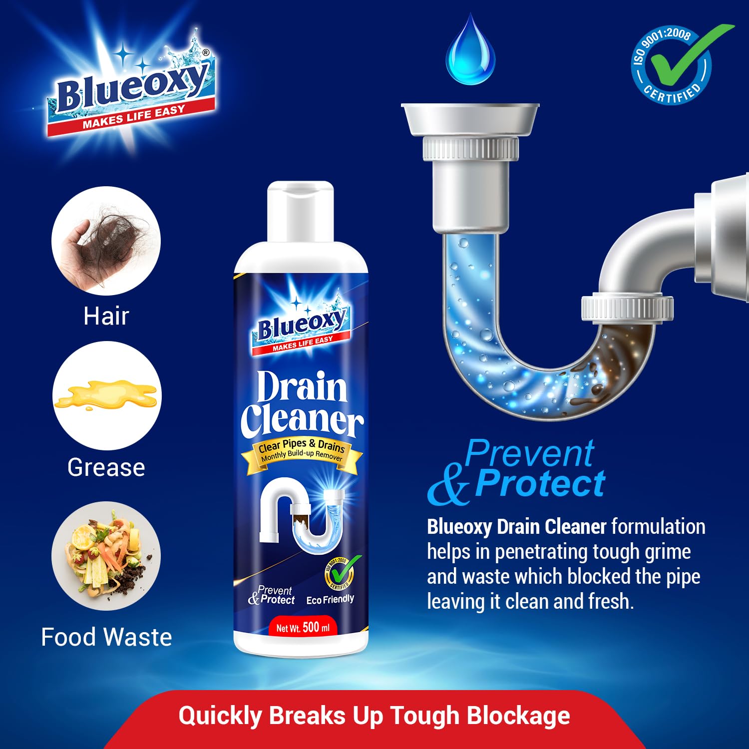 Blueoxy Drain Clog Remover Liquid | Used for Shower & Sink Drains & Pipes | Pure Gel Based | 500 Ml | Pack of 1 - Image 4 thumbnail