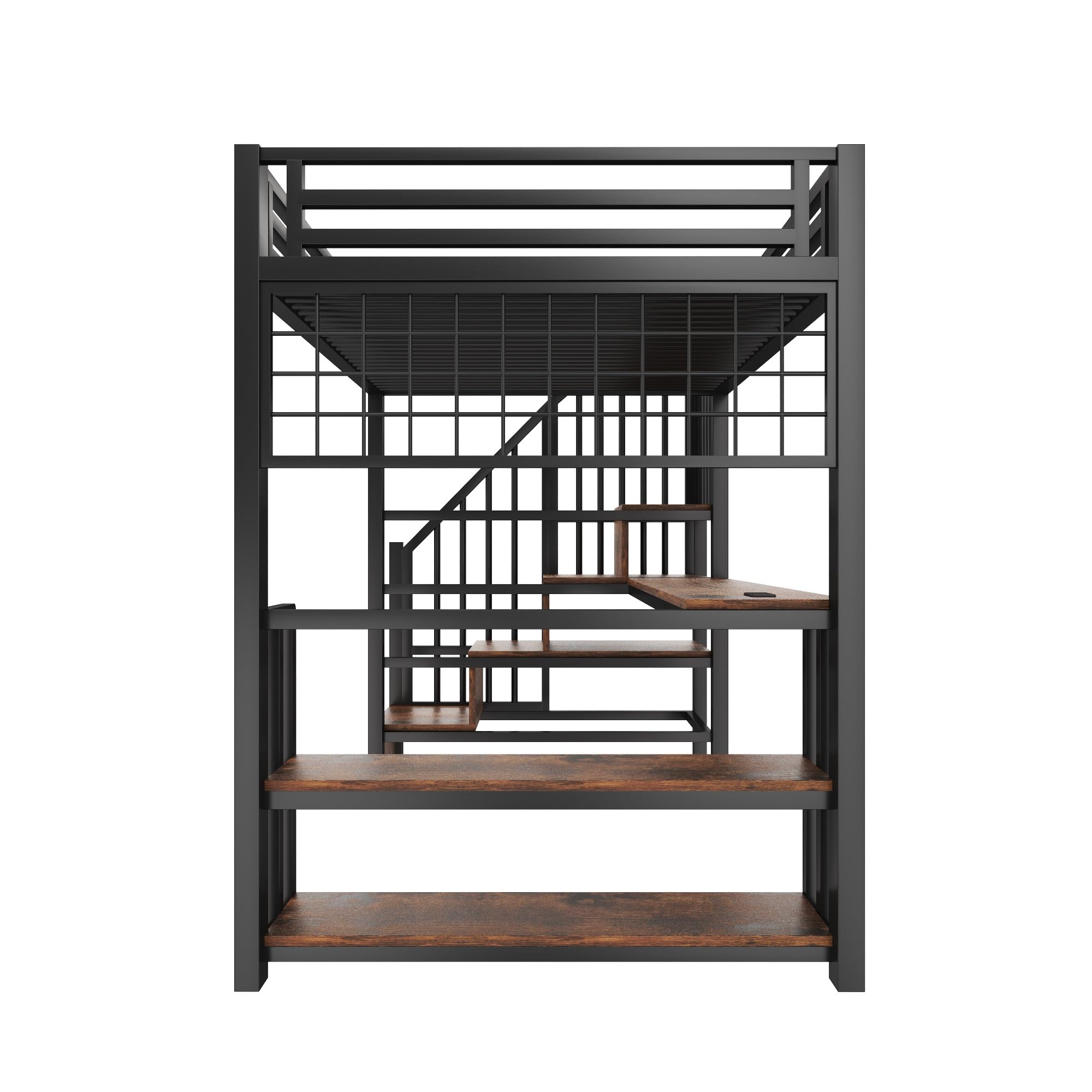 Lubvtti Letto a soppalco con luce LED e porta USB 90x200 cm,Letto singolo con struttura in ferro con scrivania e Griglia sospesa,Con scale portaoggetti e ripiani portaoggetti,Nero(Senza materasso)