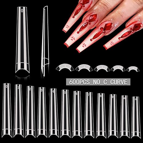 600PCS XXXL Coffin Nail Tips No C Curve, Extra Long Clear Coffin Nail Tips for Acrylic Nails Professional, Half Cover Flat Acrylic Nails Tips Fake Nails for Nail Salon and Home DIY 12 Sizes