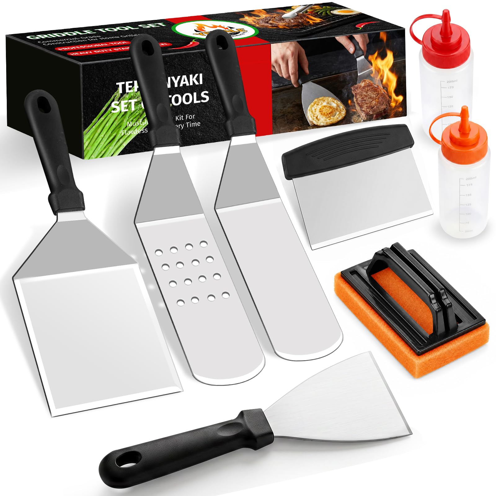 Zestaw akcesoriów do grilla, 144 szt., zestaw narzędzi do grilla Blackstone i Camp Chef, profesjonalny zestaw szpatułek do grilla z osłoną do smażenia, szpatułką, skrobakiem, butelką, szczypcami,