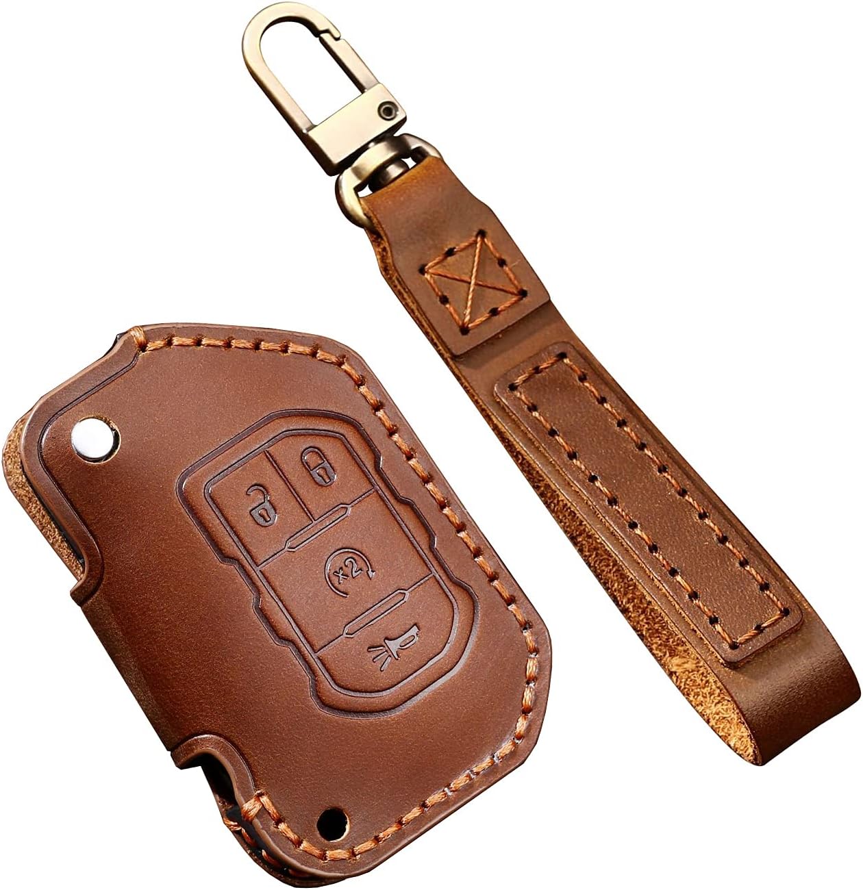 ontto 4-Button Leather Key Fob Cover with Keychain Compatible with Jeep Wrangler JL JLU Rubicon 2018-2021 Brown