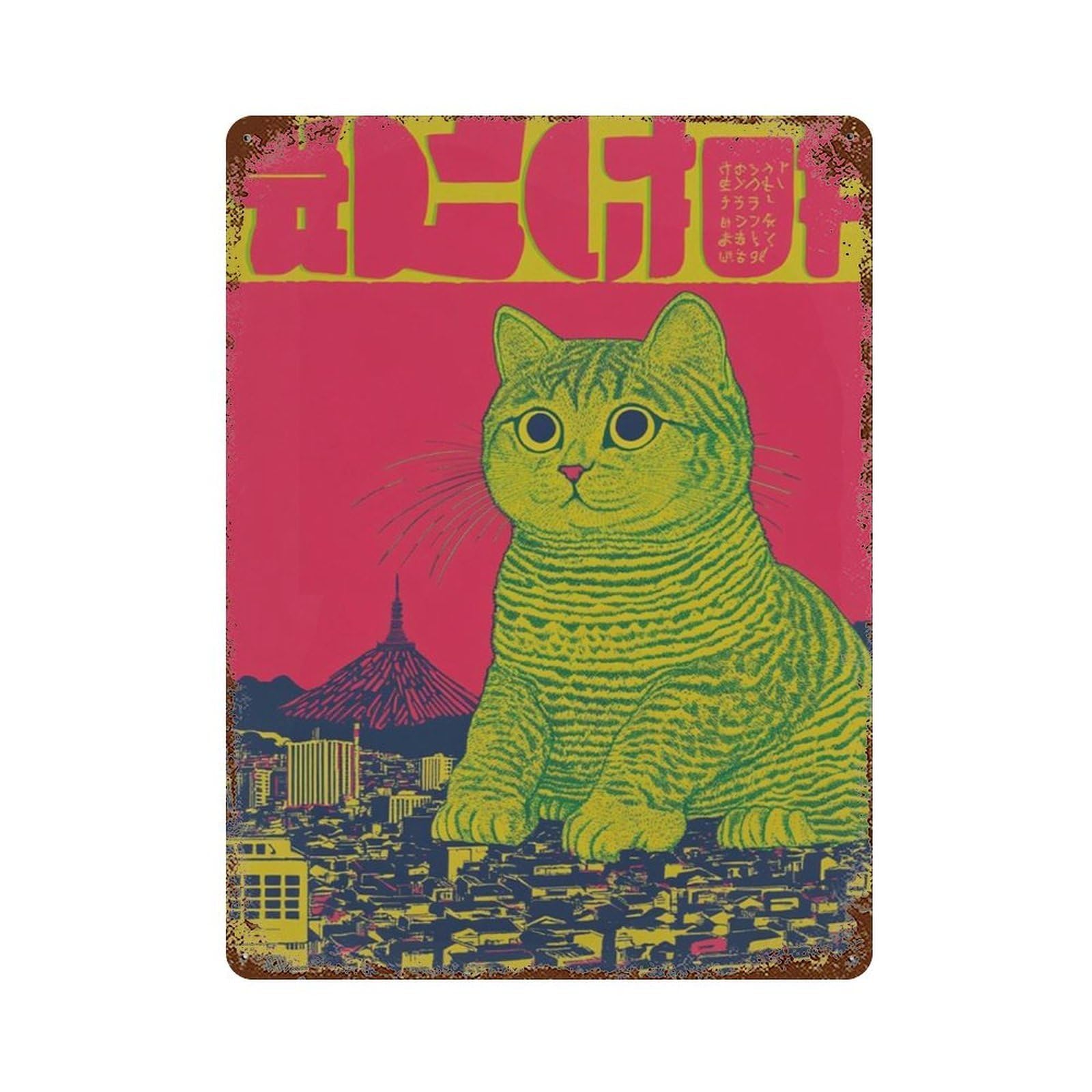 xiaoxiaoshen Giant Cat Japanese City Surreal Animal Bold Modern Graphic Wall Decor Art Metal Tin Poster Modern Home Decor Art Home Bar Shop Decorations Vintage Sign 40x30cm