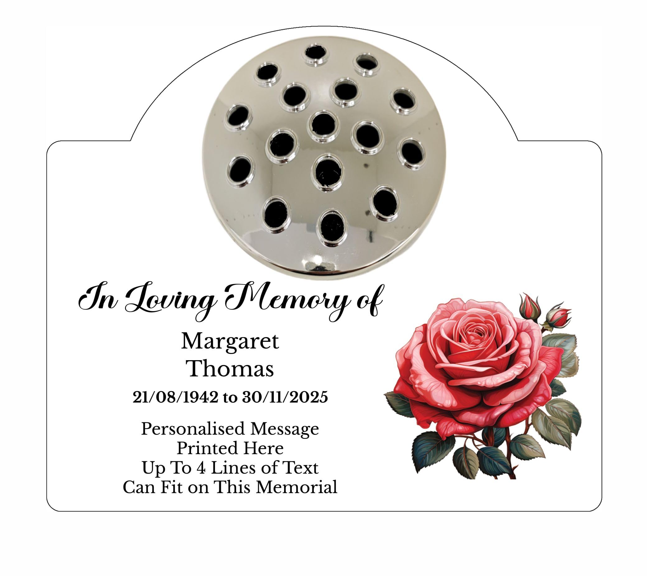 1stclassgifts Personalised Rose Design Metal Grave Stone Marker Headstone Memorial Plaque, In Memory Sign Remembrance Vase Flower Pot Grave (UV PRINTED) (White, Silver Lid)