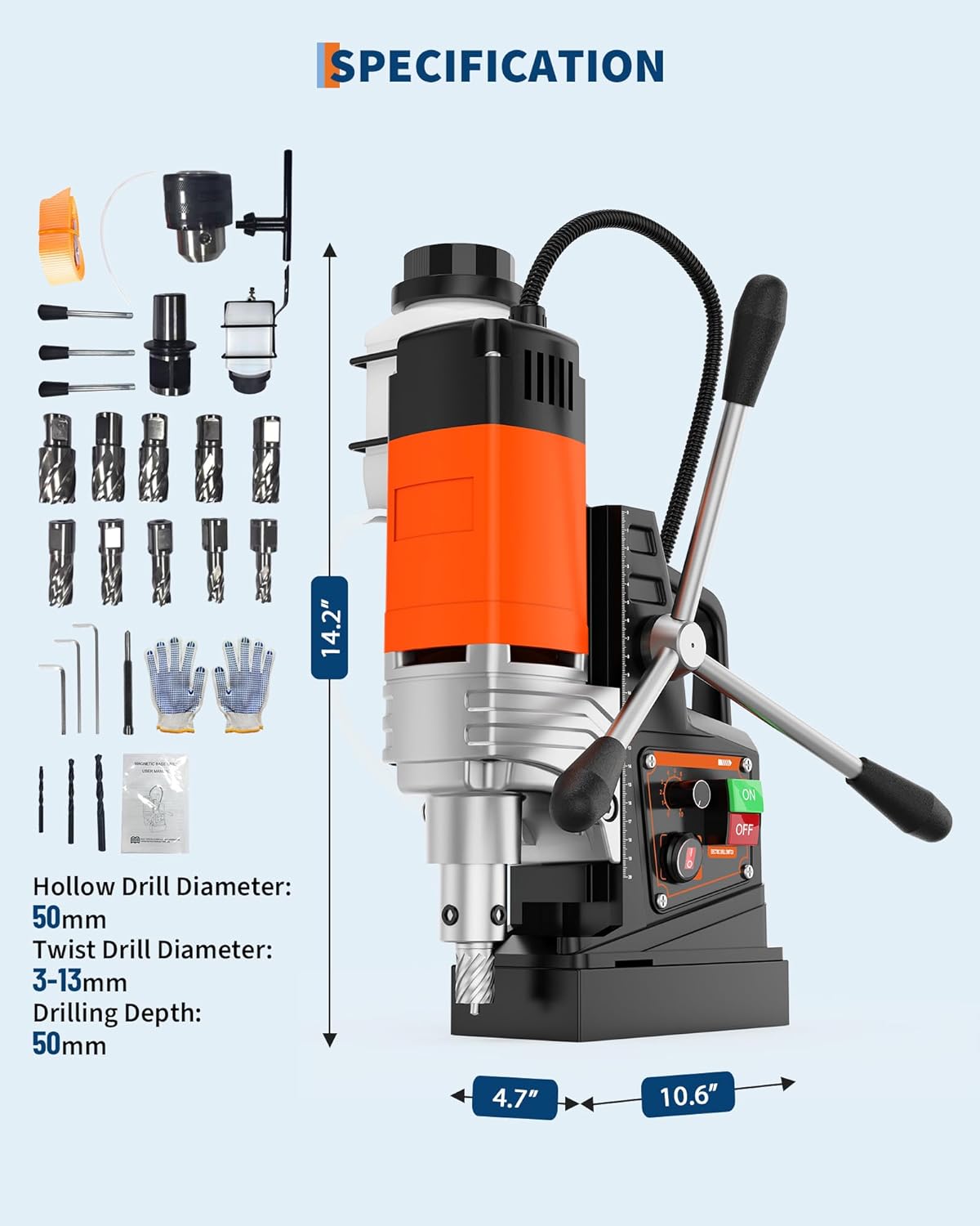 GarveeTech Mag Drill Press, 1650W 1.57" Boring Diameter, 2922lbf Power Portable Magnetic Drill, 810 PRM, 10-Speed, with 10Pcs Drill Bits 3Pcs Twist Drill and 1Pcs Plastic Box Electric Drilling Machine