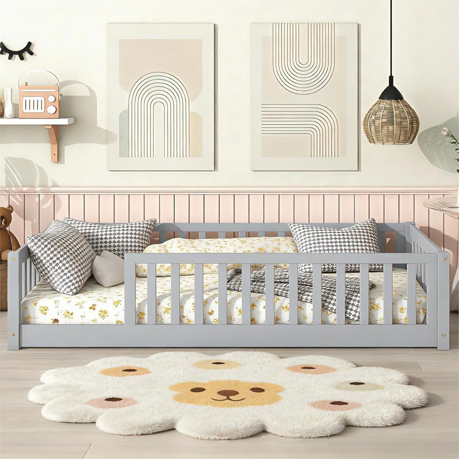 Bellemave Twin Floor Bed with Fence for Kids, Wooden Montessori Floor Bed Frame with Slats & Safety Guardrails, Low Twin Size Floor Beds for Girls Boys, No Box Spring Needed, Grey