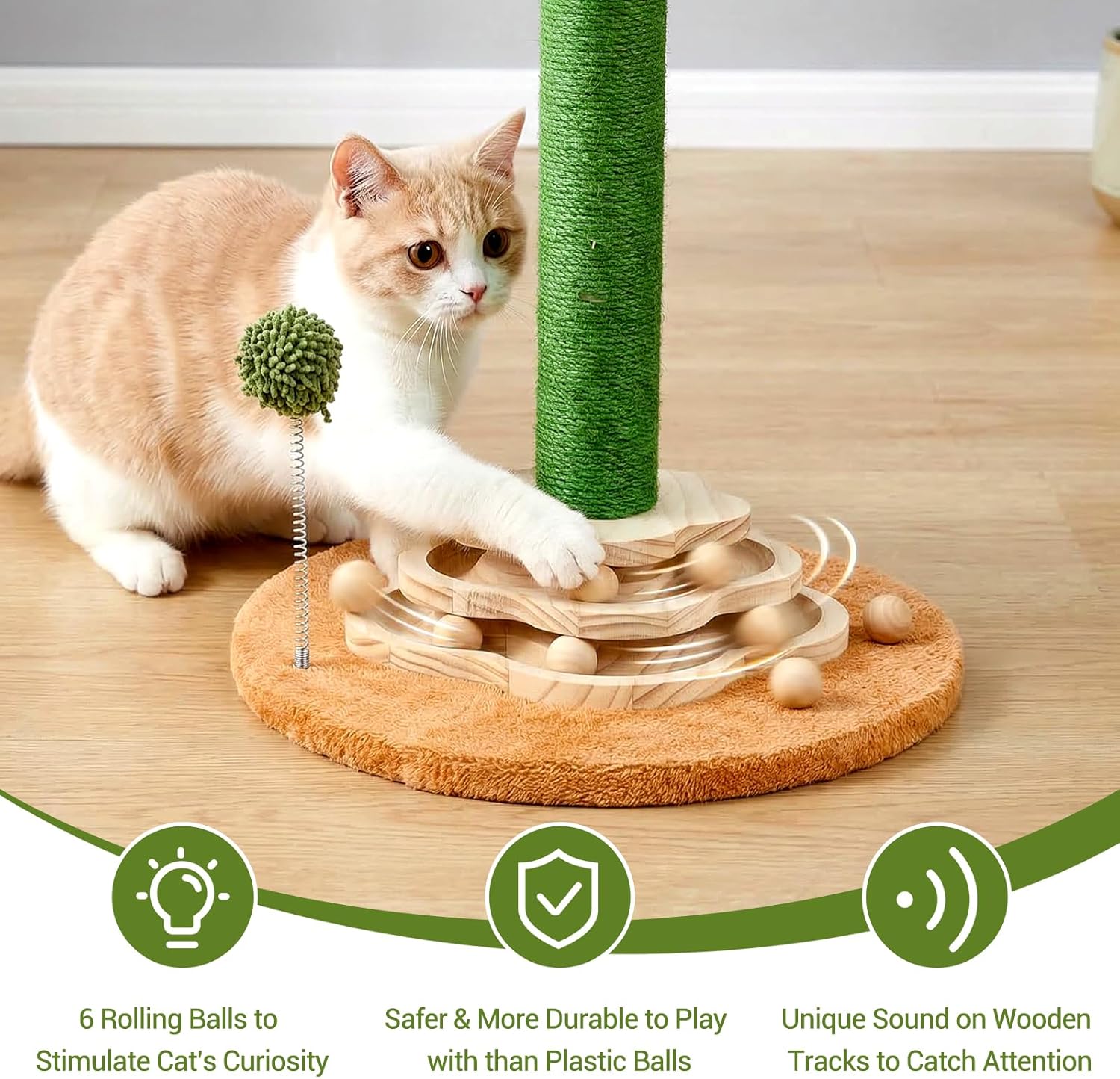 Cactus Cat Scratching Post Cat Tree, Cute Cat Scratching Post with Interactive Ball Two-Layer Track Spring Ball Toys, Standing Sisal Cactus Cat Scratcher for Indoor Cats and Kittens