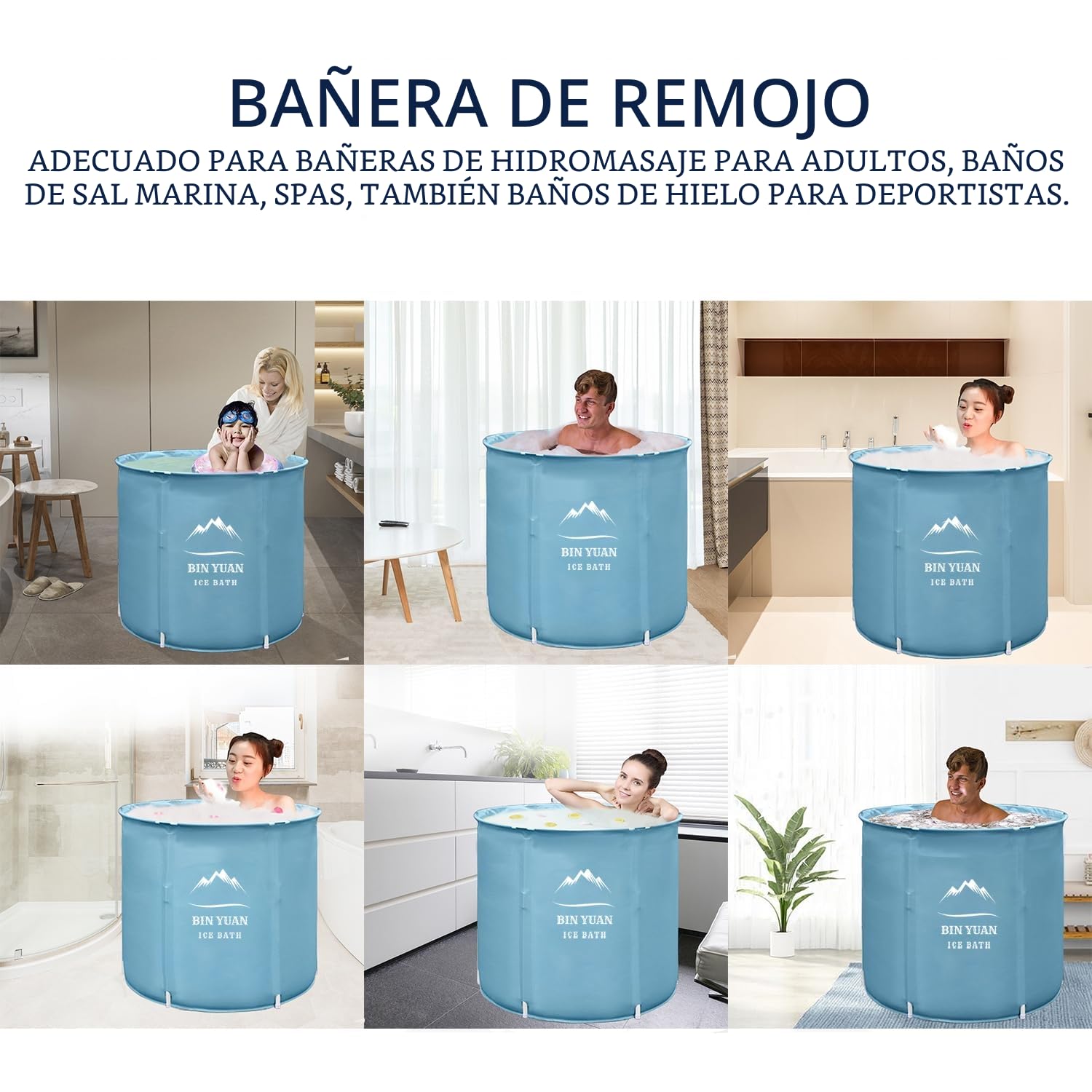 Bañera de hielo plegable, bañera de inmersión fría para adultos con estructura en forma de T actualizada, bañera de hidromasaje independiente para exteriores (Azul, ∅70x68cm)