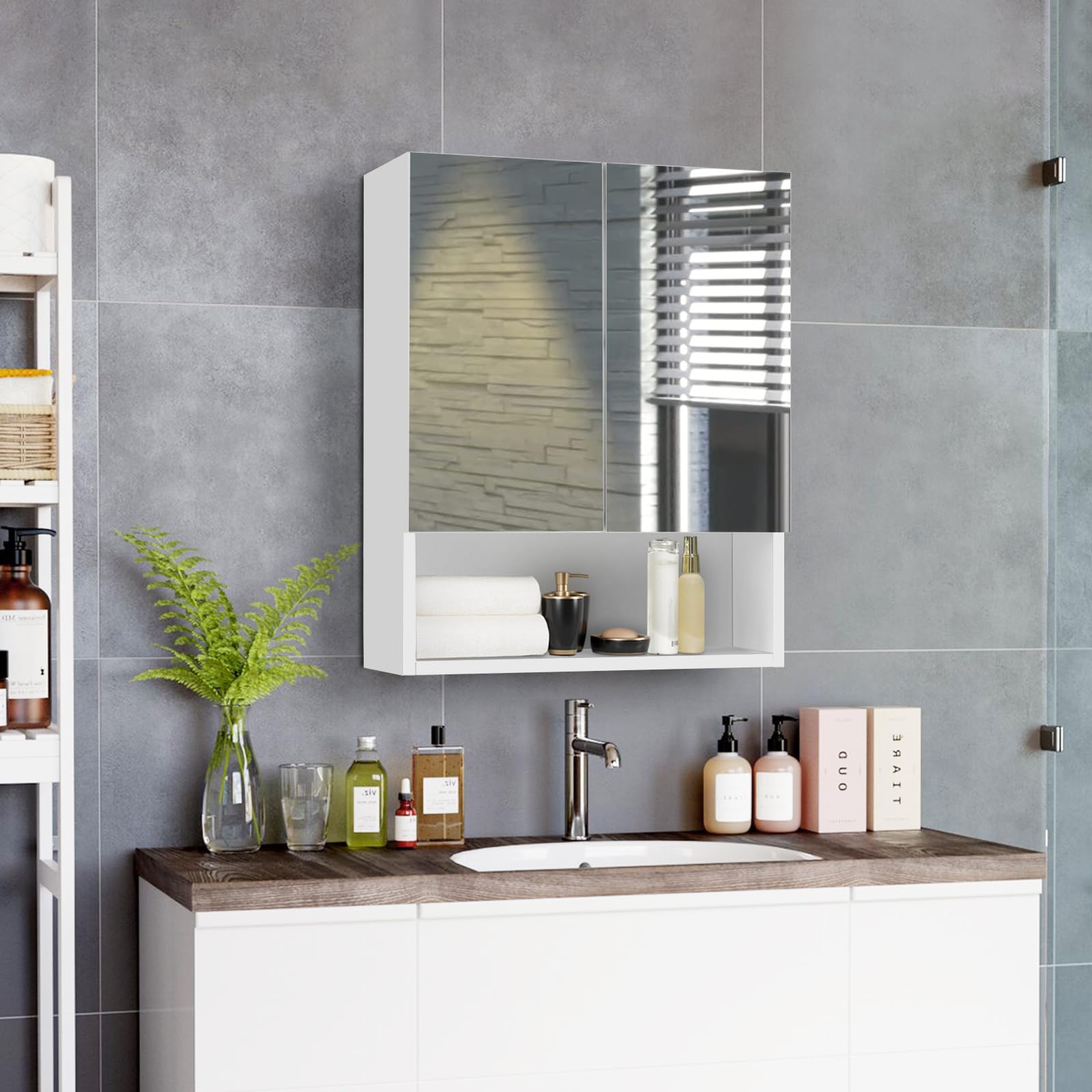 LEMROE Armoire de Salle de Bain Avec Miroir et 2 Portes - Rangement Avec Étagères Réglables - Murale en MDF (50 x 13 x 60 cm)