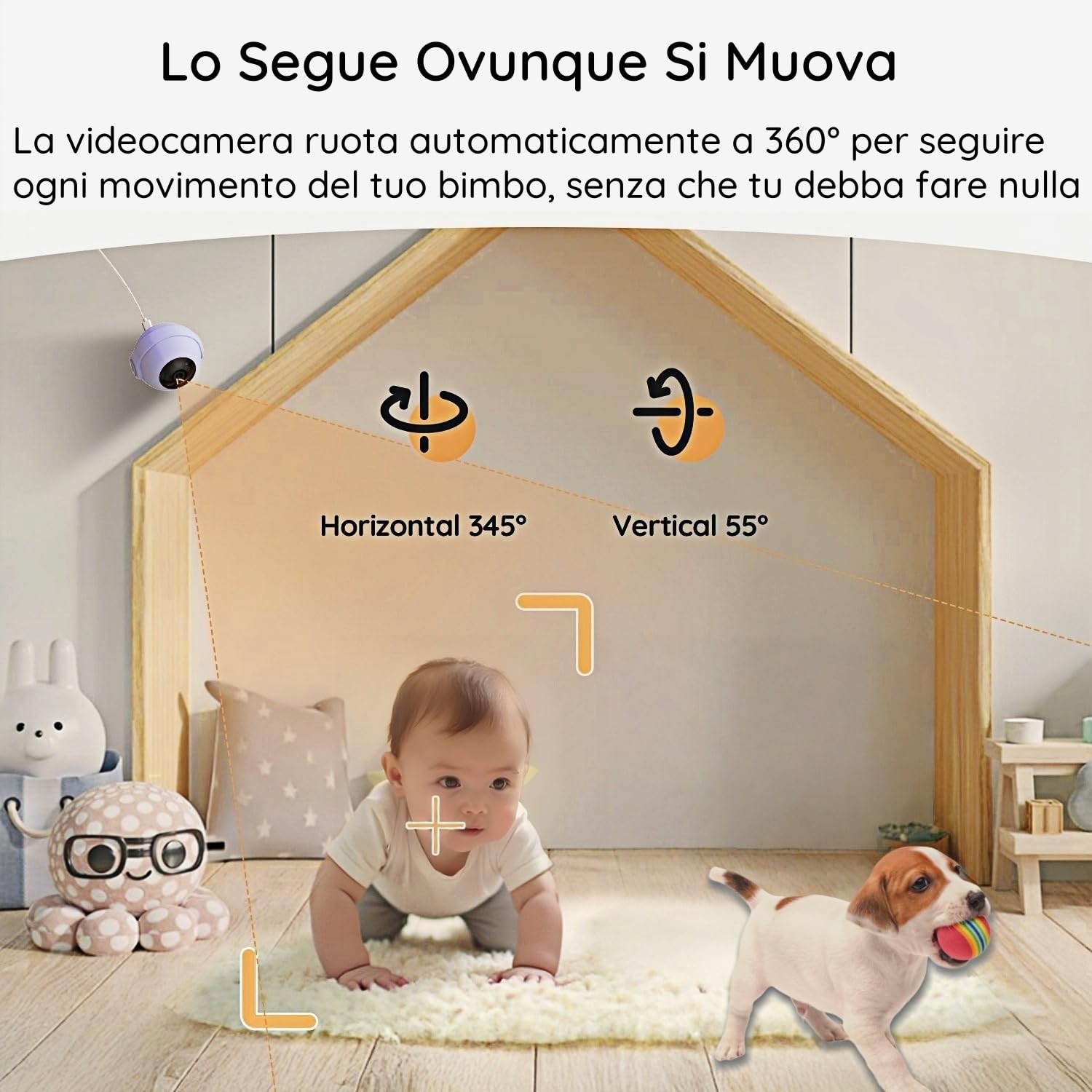 Boifun Video Baby Monitor WiFi 2K con Display 5”, Doppio Controllo (App e Monitor), Visione Notturna Senza Disturbi, Rilevamento Pianto/Movimento/Temperatura/Umidità, 360° Rotazione, 19h Autonomia