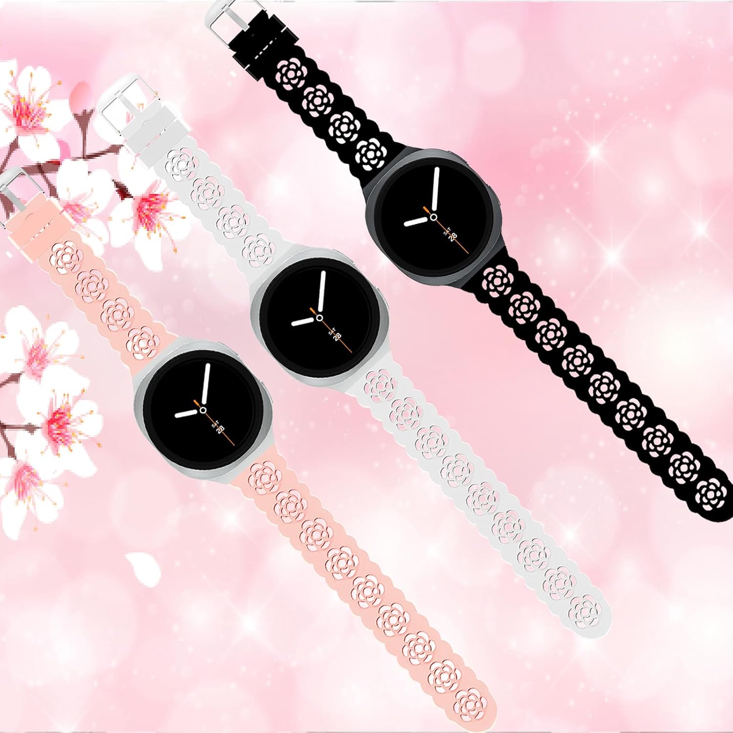 3 Pack Sport Bands Compatible with Samsung Galaxy Watch 9/8 40mm/44mm/Classic 46mm, Slim Lace Breathable Rose Hollowed-out Soft Silicone Replacement Straps Wristbands for Galaxy Watch 9/8/Classic image 4