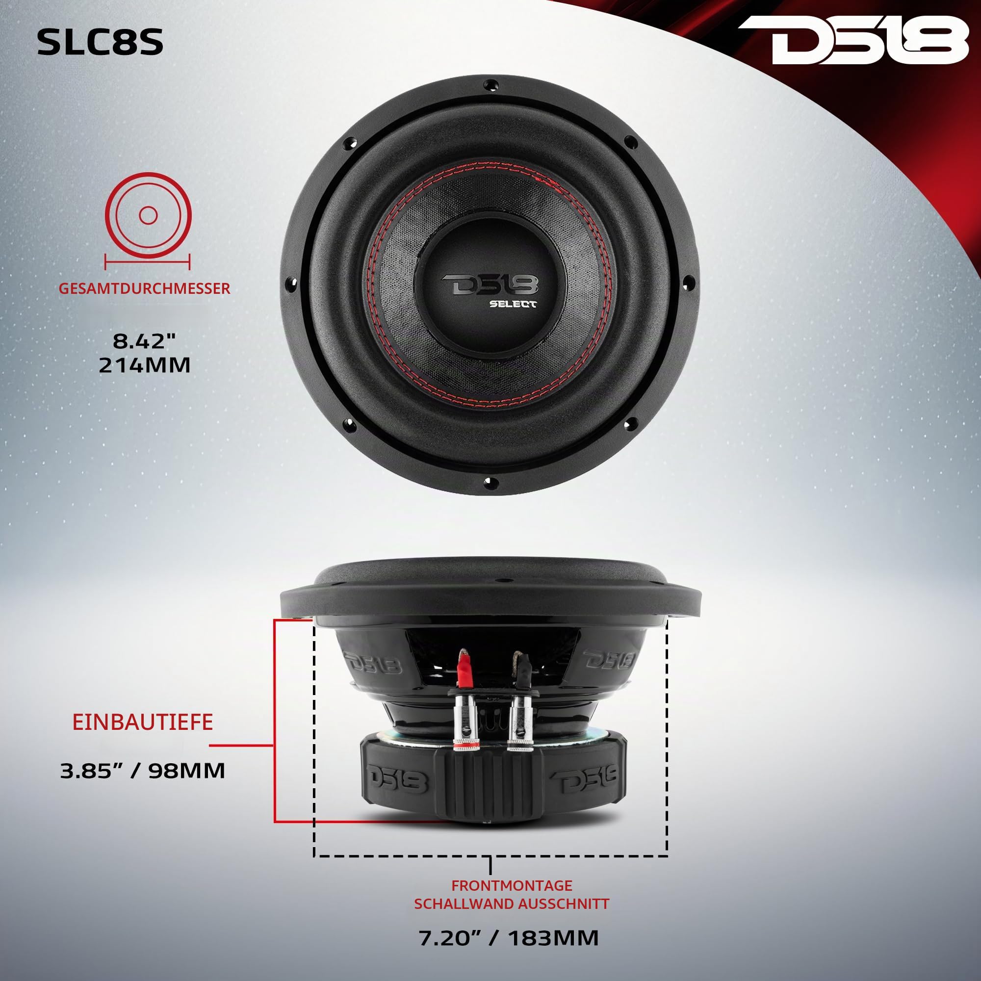 DS18 Auto-Audio-Subwoofer 20,3 cm (8 Zoll), 400 W, 4 Ohm, SVC Single Voice Coil SLC8S