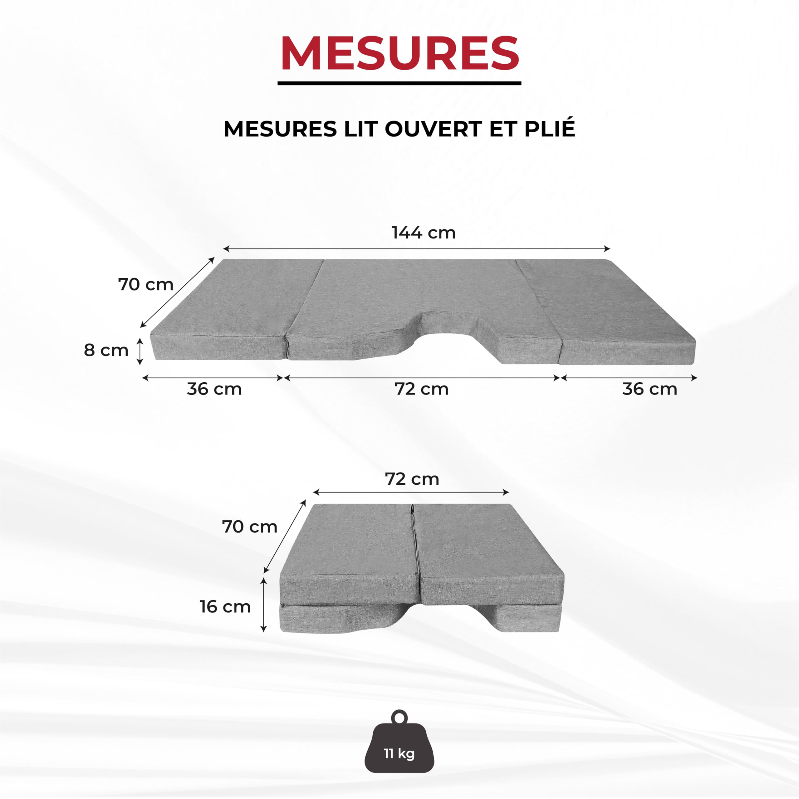 Matelas pliant Camper compatible Peugeot Traveller, Citroën Jumpy SpaceTourer, Toyota Proace II (+2016) - pour plage avant, gris