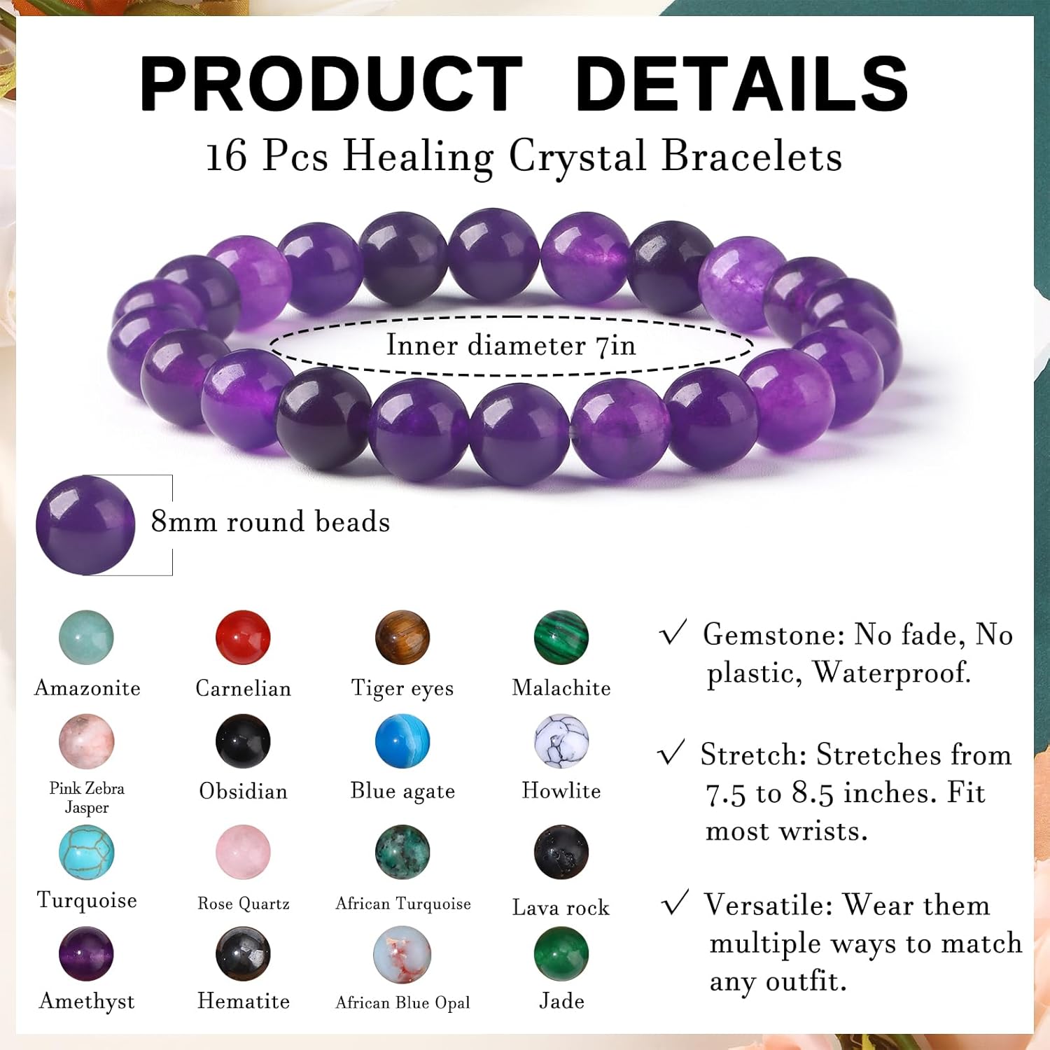 16PCS Semi-Precious Gemstone Bracelet - Crystal Stone Beaded Bracelets for Women Men 8mm Round Beaded Stretch Bracelets Unisex Yoga Bracelets Gifts - Image 3