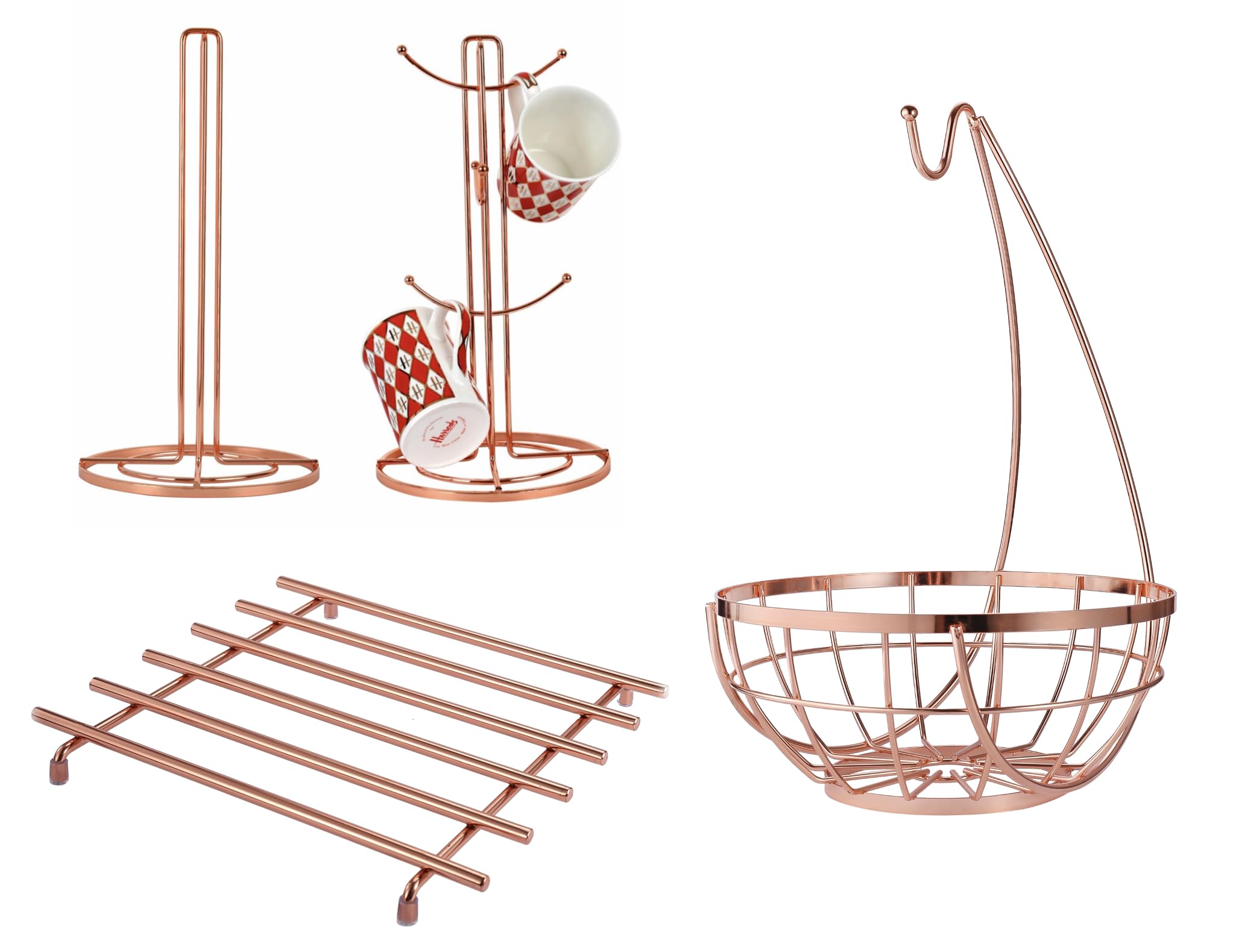 Royal Cuisine Gold Pack Of 3, Fruit Basket With Banana Hanger + Mugs & Tea Cup Storage Rack With Kitchen Towel Holder + Copper Plated Trivet (Gold)