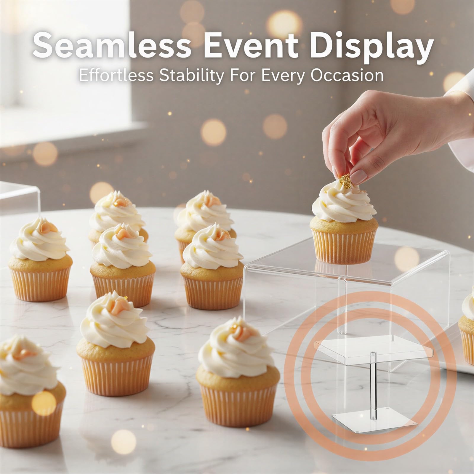 Générique Lot de 3 présentoirs à cupcakes en acrylique, à étages pour desserts, avec patins antidérapants et rebord de protection, plateaux carrés, pince inox pour mariage, baby shower, anniversaire